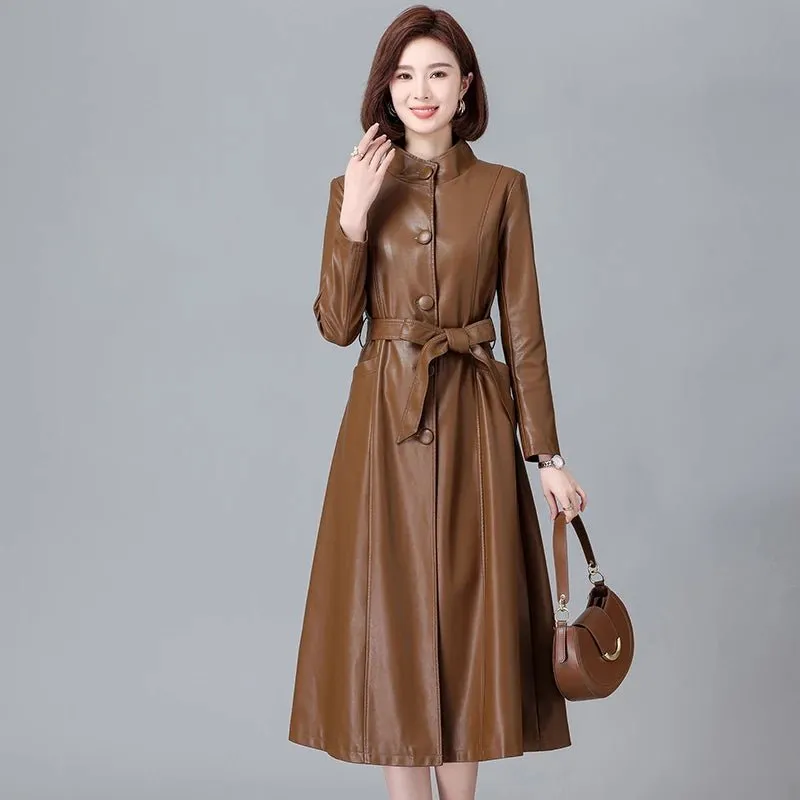2024 neue Mode roten Schnür gürtel Schaffell langen Trenchcoat schicke Frauen Stehkragen einreihige Echt leder Outwear