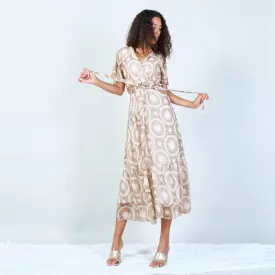Abstract print wrap dress with front belt wholesale