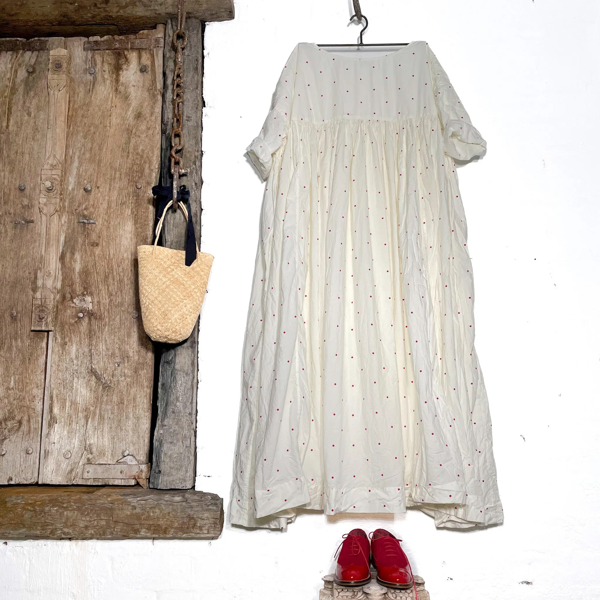 Anouk Paper Cotton Dress | Cream & Red Polka Dot