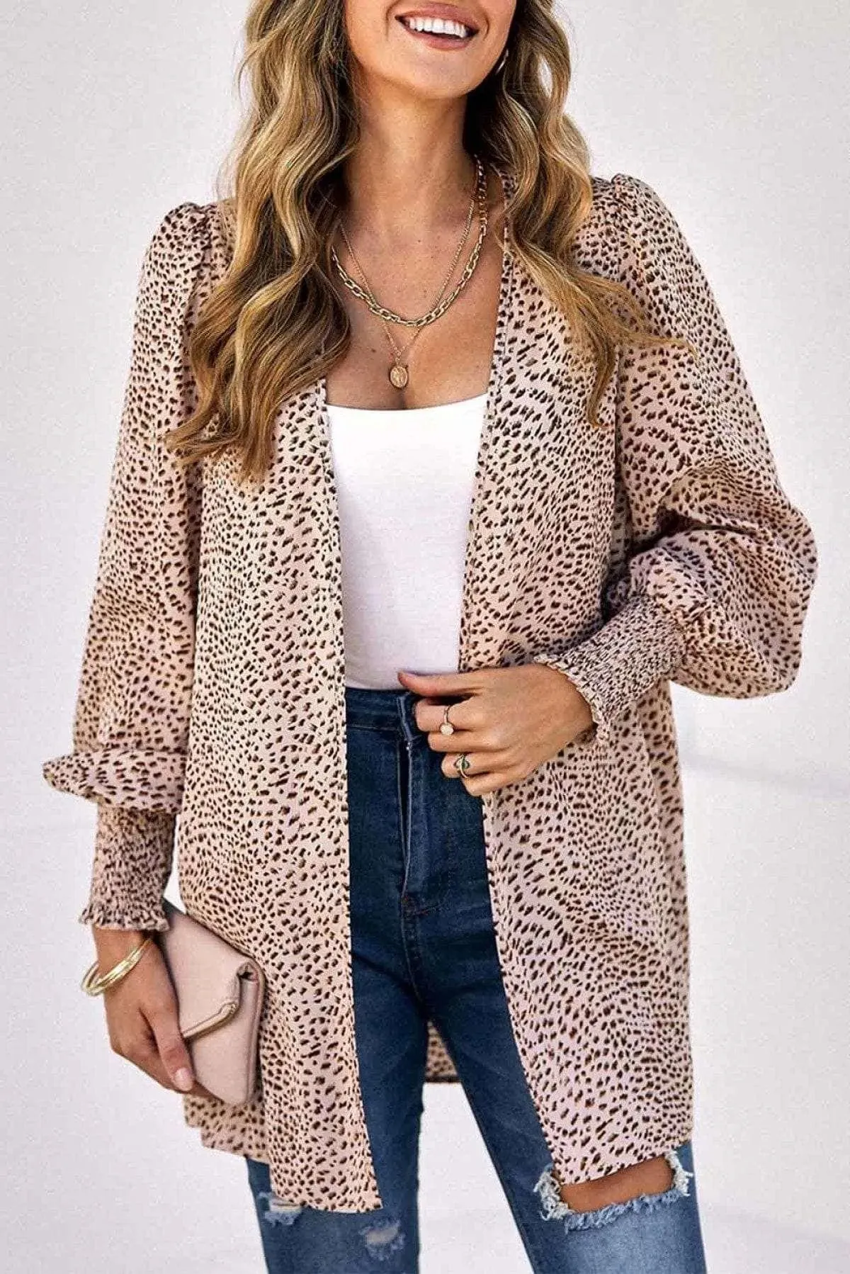 Apricot  Animal Print Shirred Cuff Lantern Sleeve Cardigan