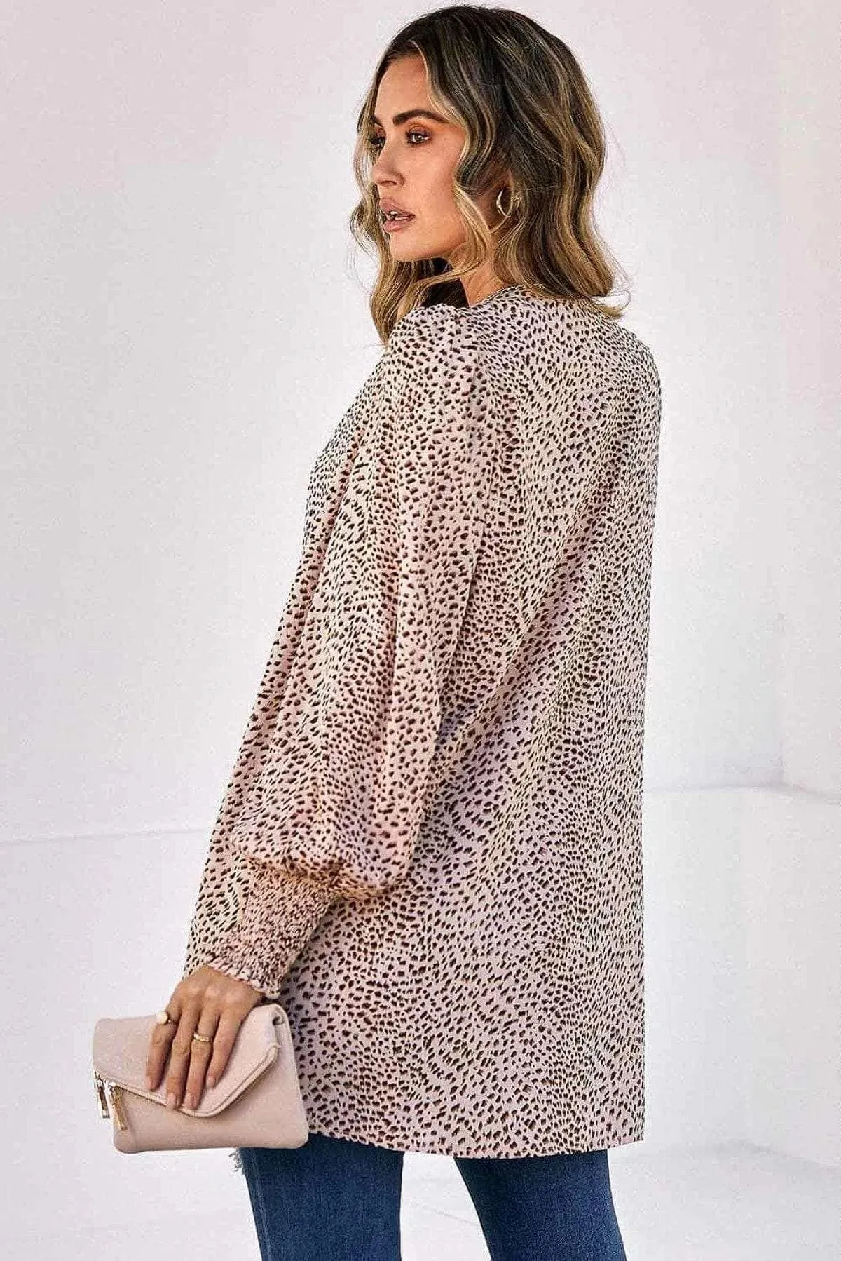 Apricot  Animal Print Shirred Cuff Lantern Sleeve Cardigan