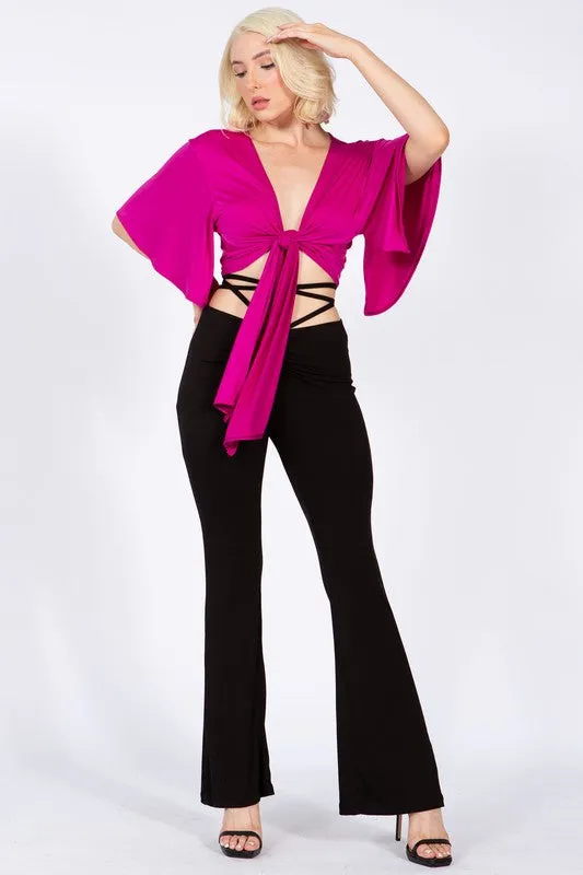 Batwing Sleeve Knot Front Crop Blouse