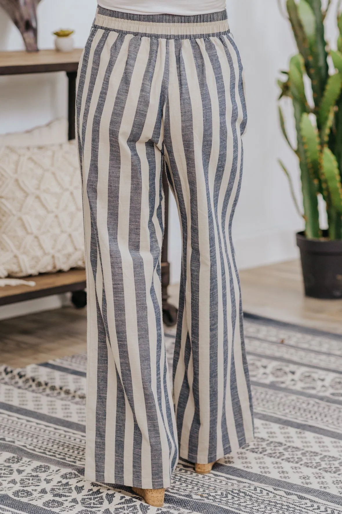 Be Who You Want To Be Stripes Elastic Waist Wide Leg Pants in Navy