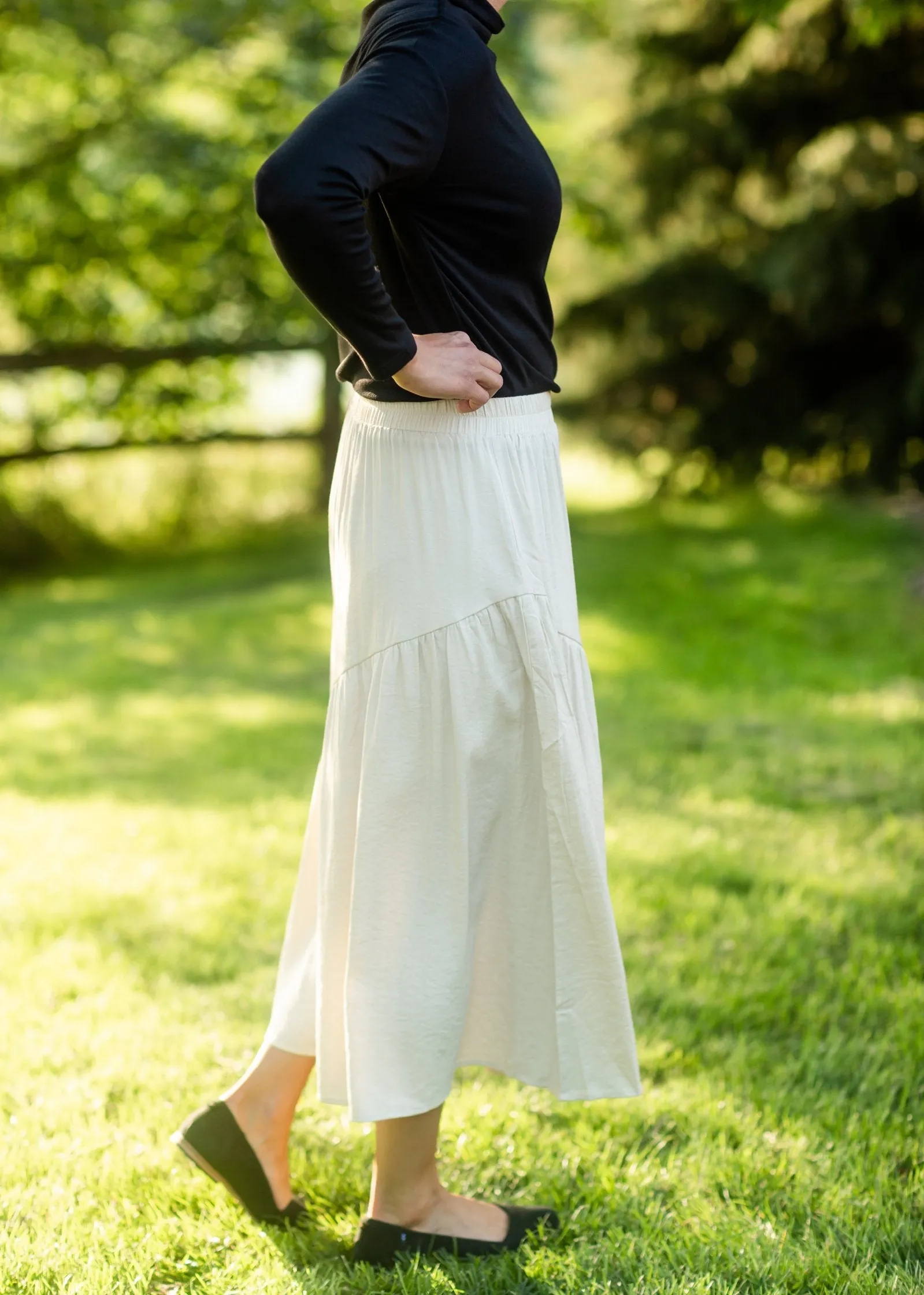 Beige Asymmetric Seam Midi Skirt- FINAL SALE