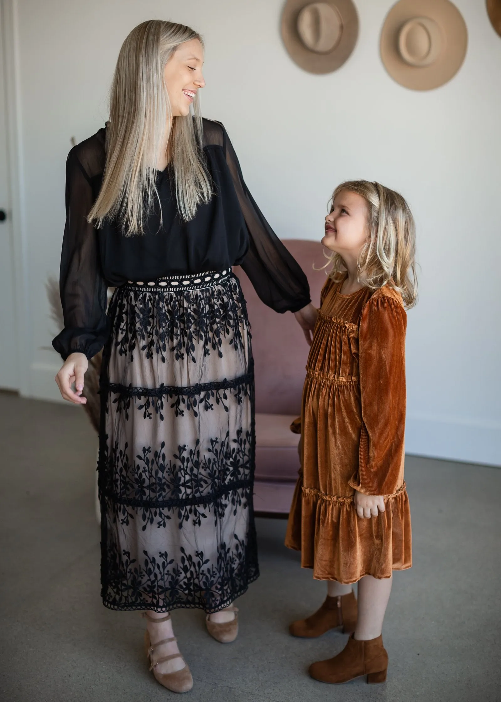 Black Embroidered Lace Overlay Tiered Midi Skirt - Final Sale