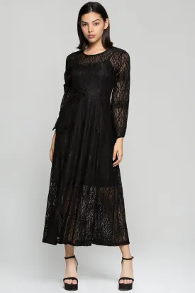 Black Lace Full Sleeves Midi Dress