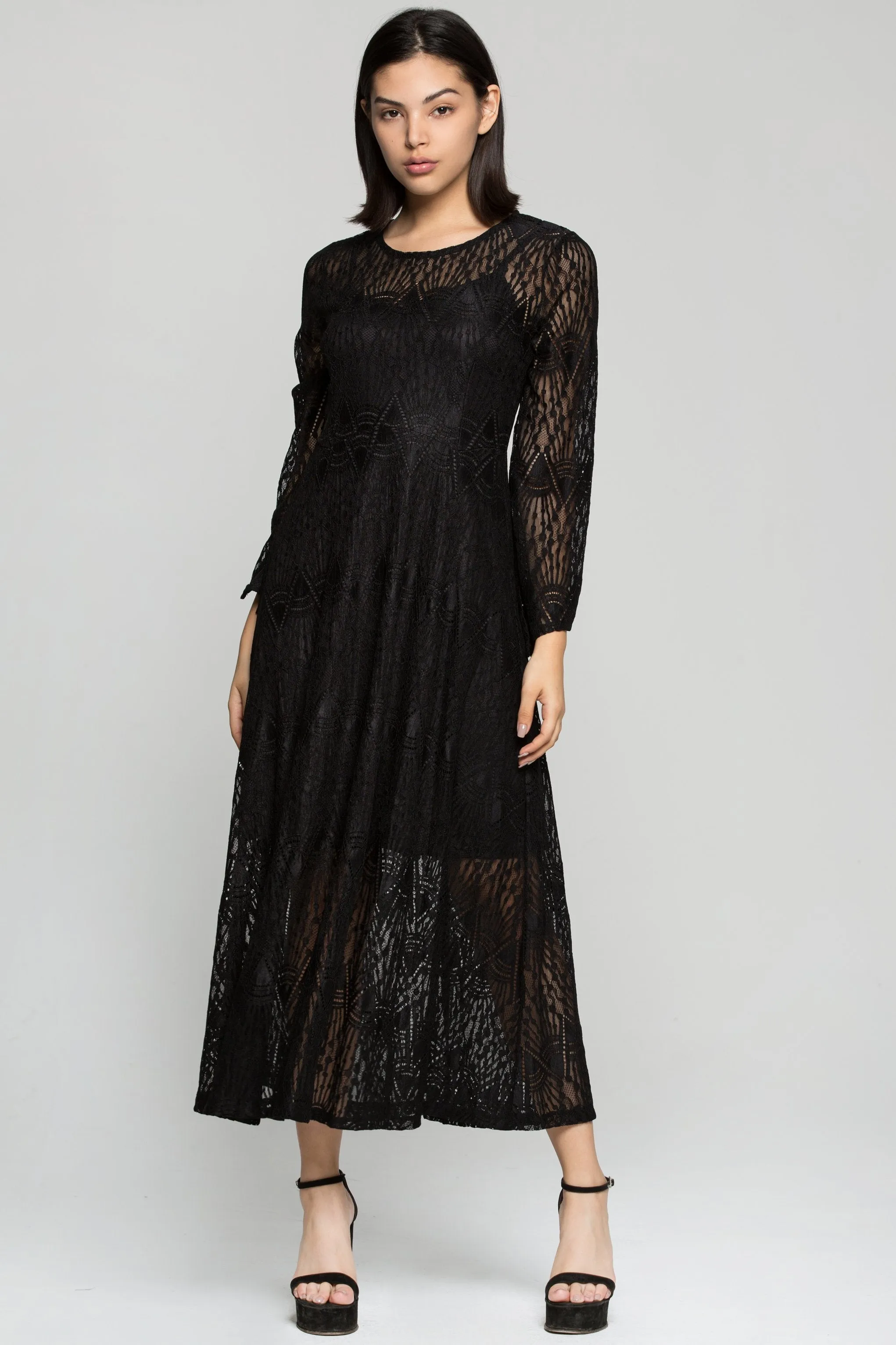 Black Lace Full Sleeves Midi Dress