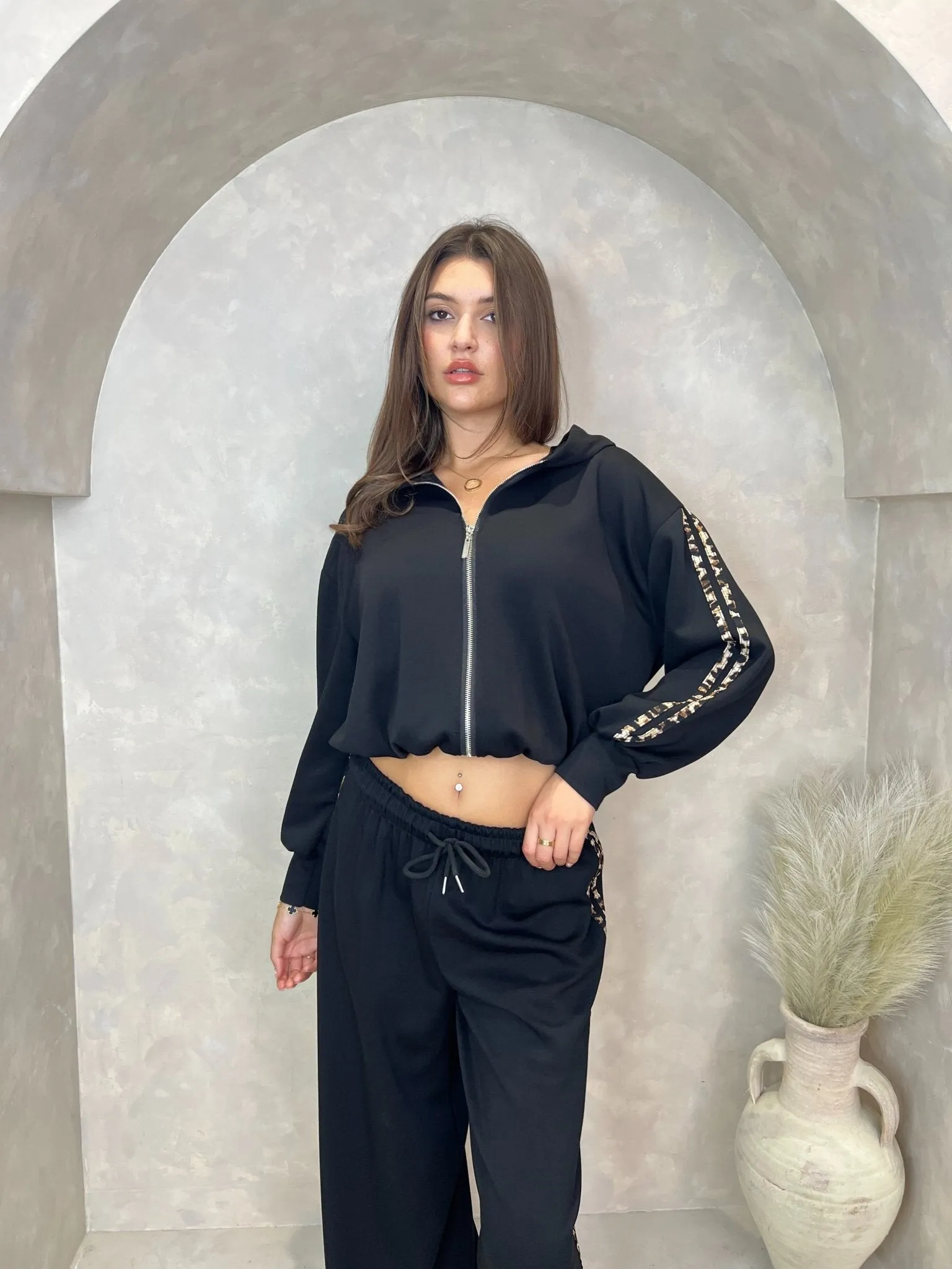 Black Leopard Print Zip Up Hoodie