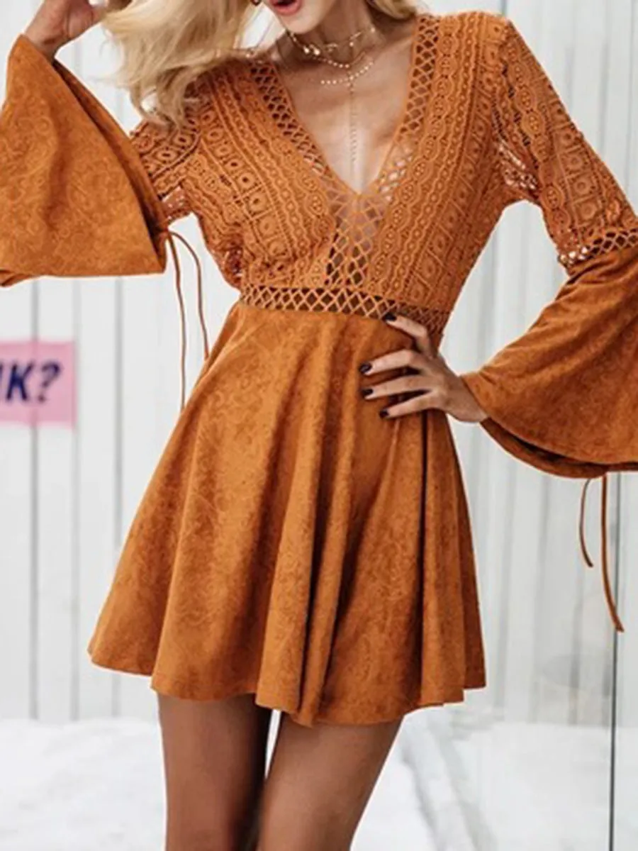Bohemian Open Back Lace Long Bell Sleeve Mini Dress