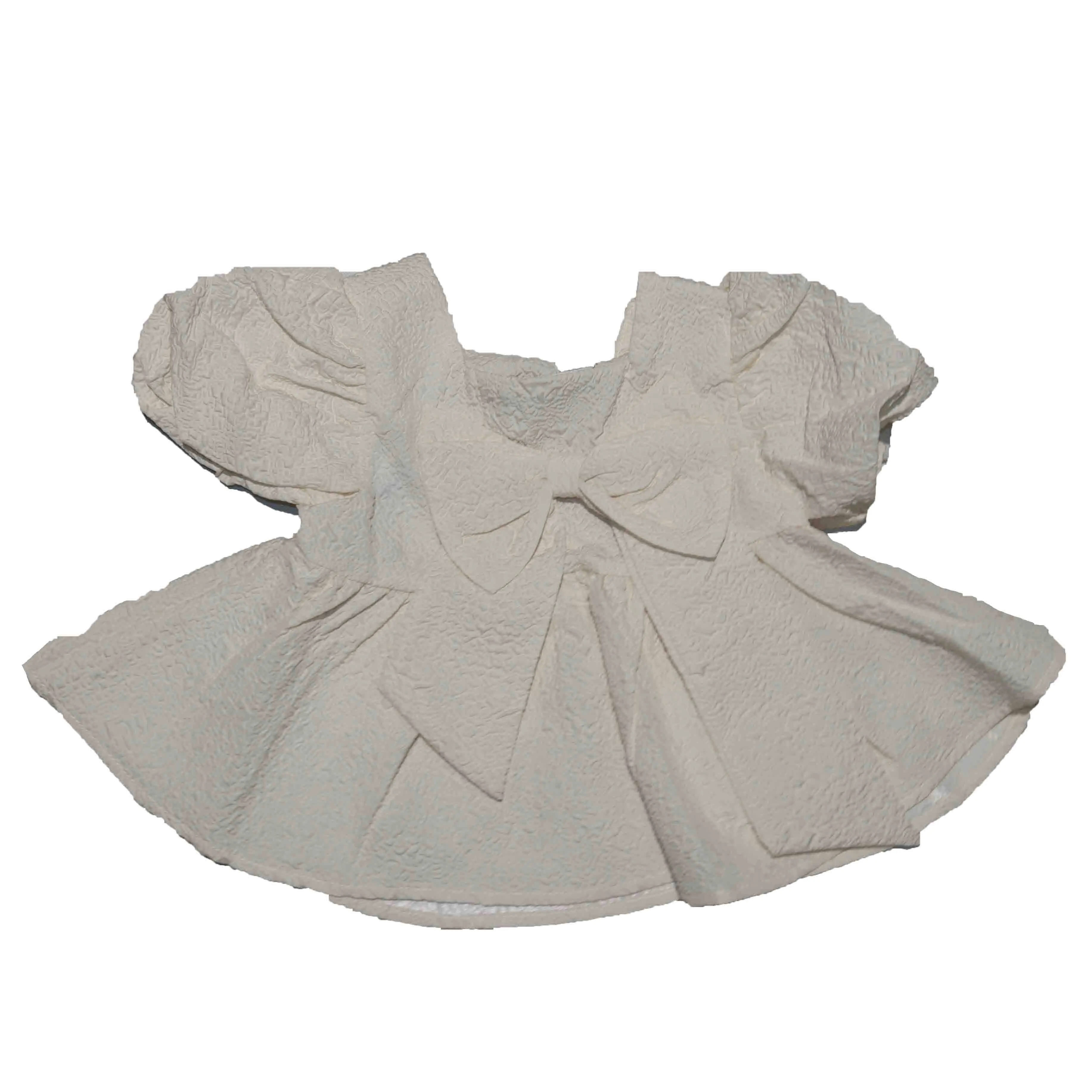 Cream Textured Woven Dress With Bow