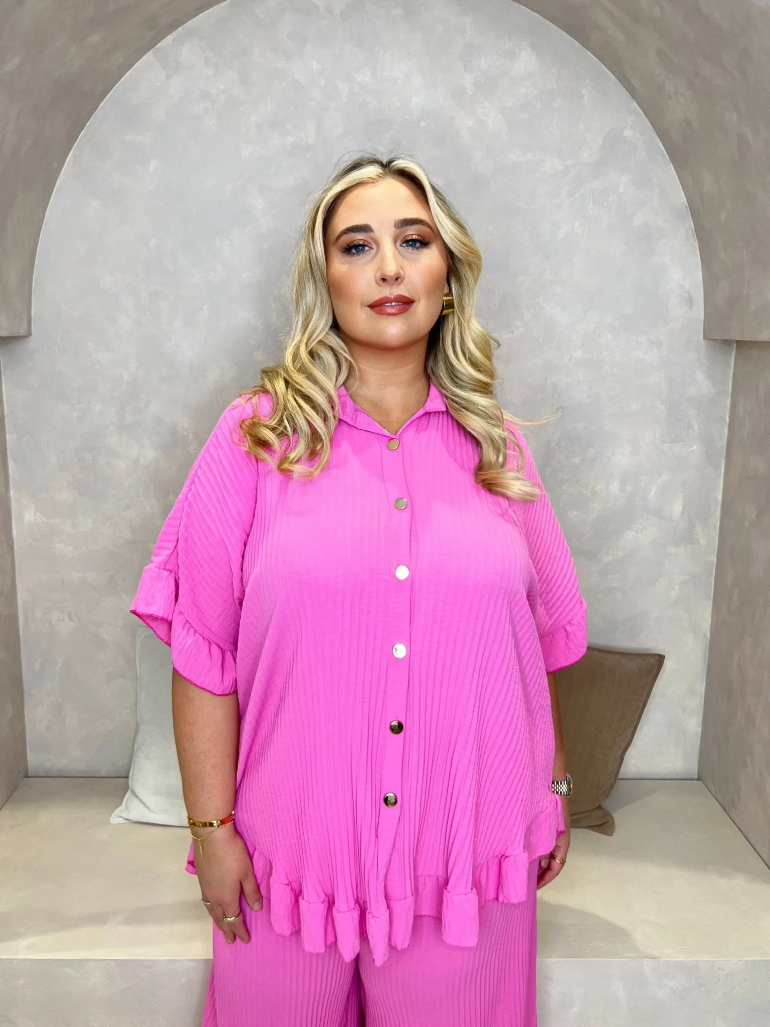 Curve Pink Ribbed Effect Wide Leg Trouser Set