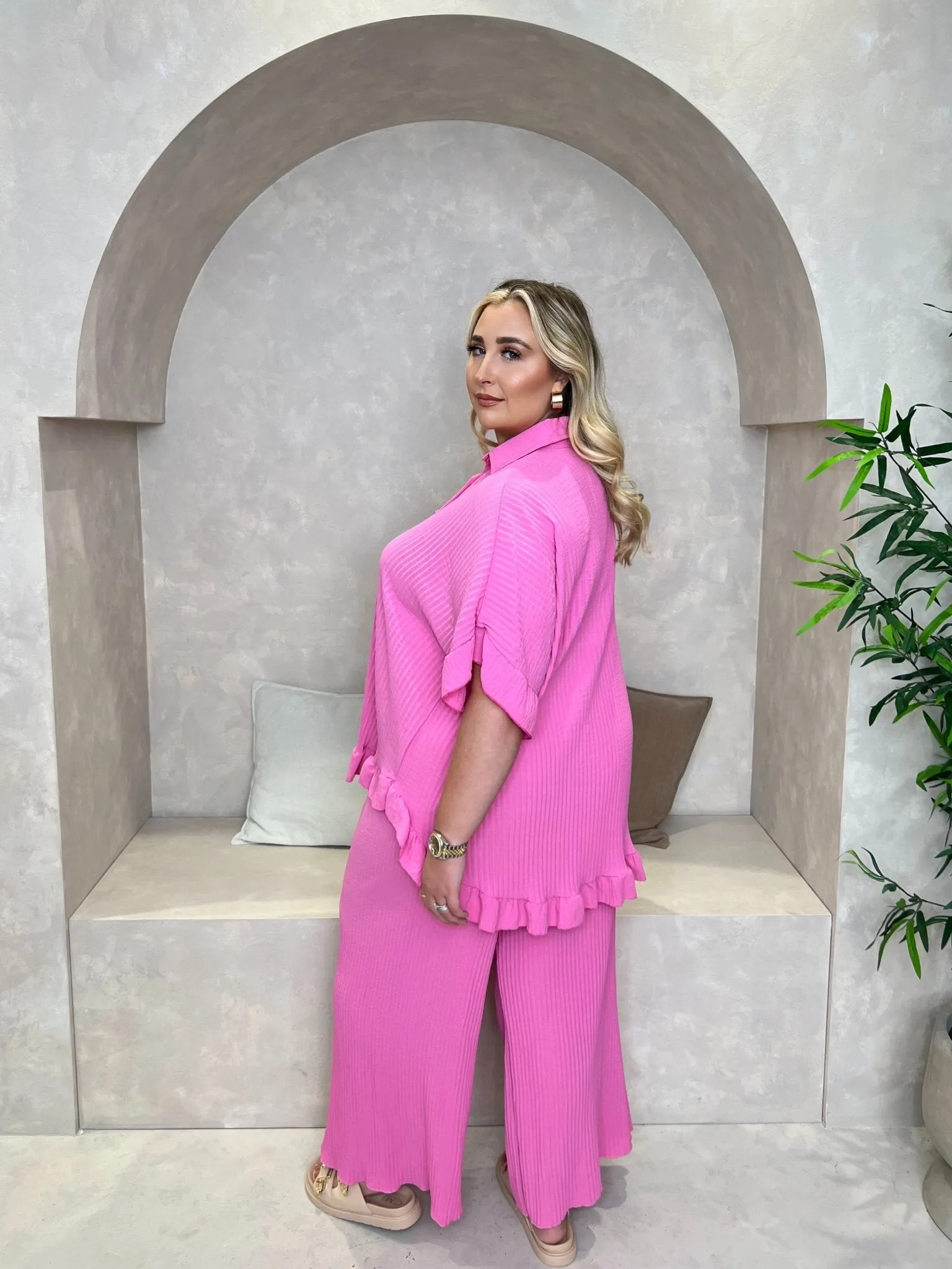Curve Pink Ribbed Effect Wide Leg Trouser Set