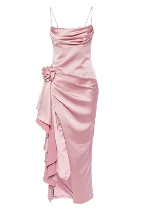 Flower Embellished Draped Satin Midi Dress