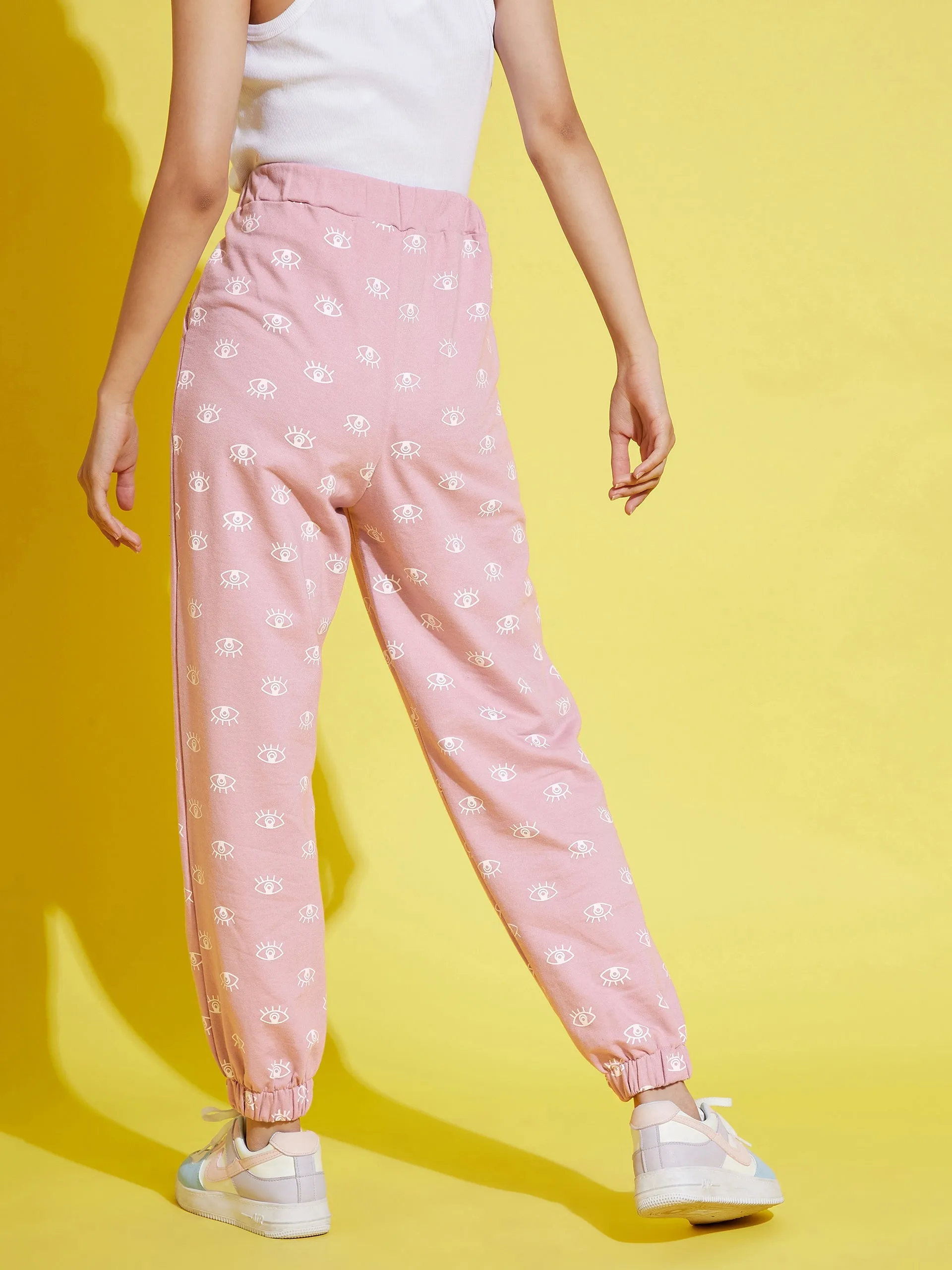 Girls Mauve Eye Print Terry Joggers