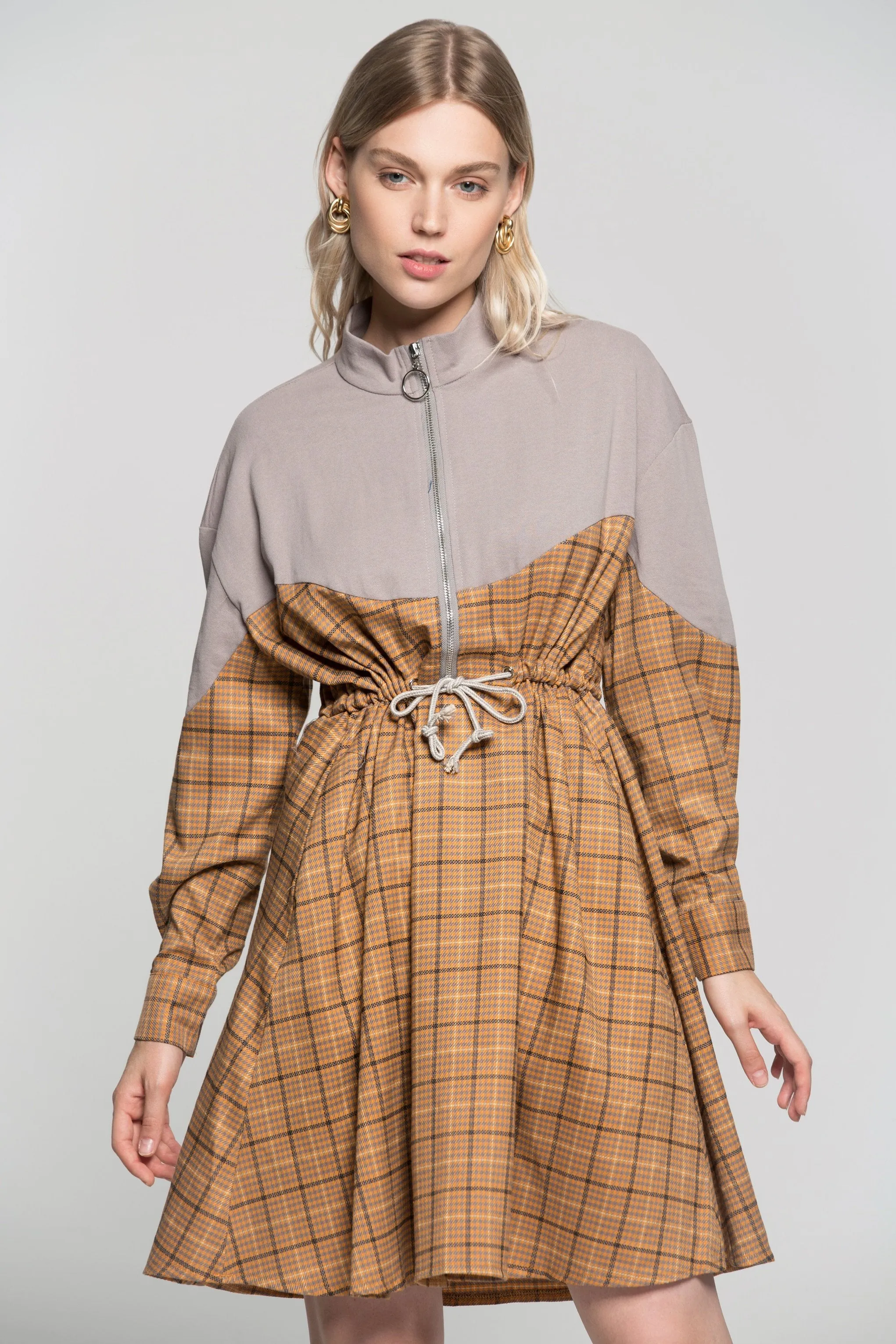 Heather Purple Zip Up Tattersall Print Drawstring Dress
