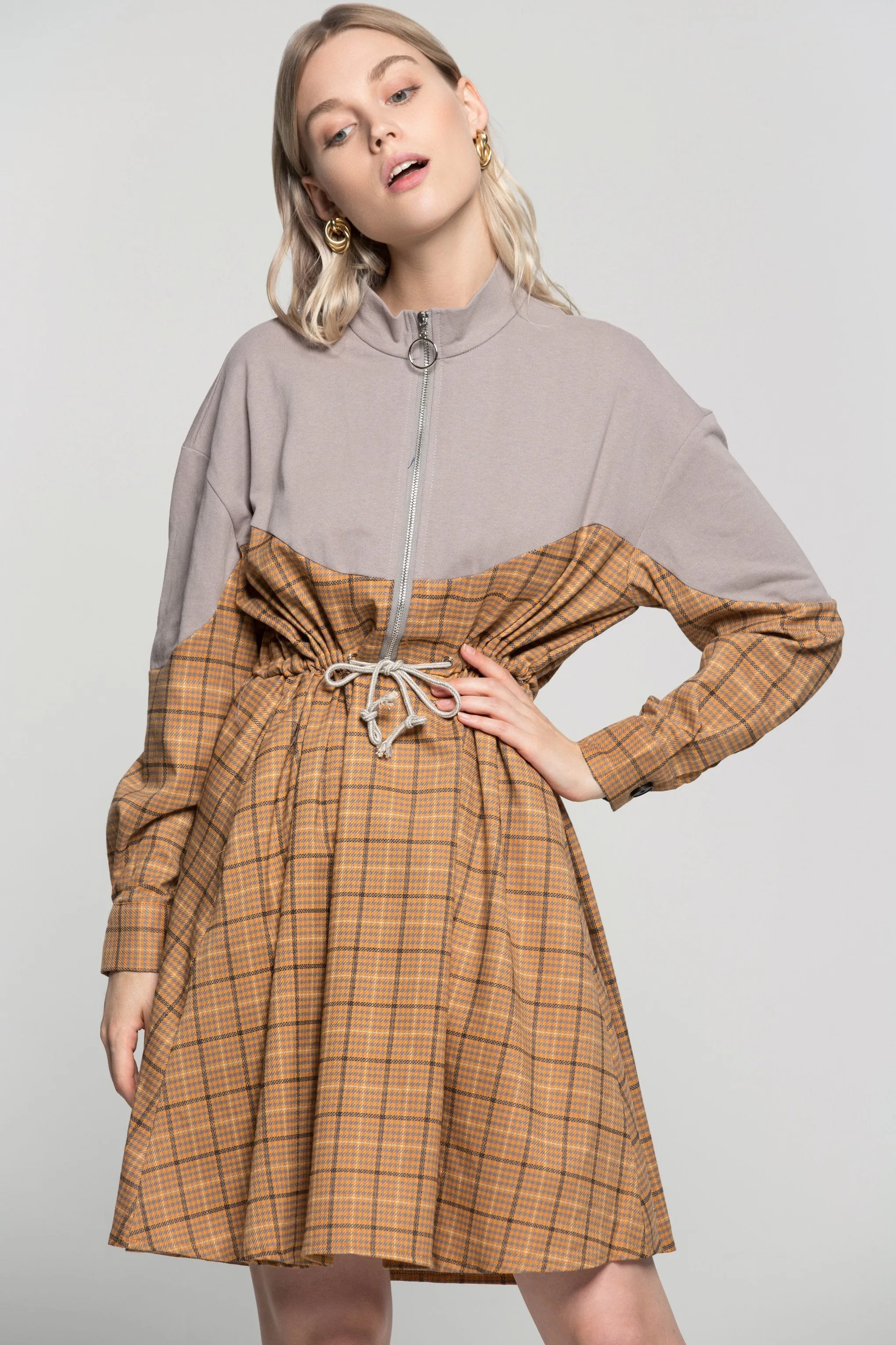 Heather Purple Zip Up Tattersall Print Drawstring Dress