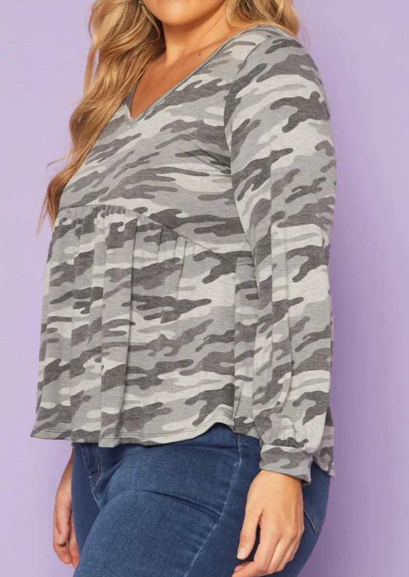 Hi Curvy Plus Size Camo Print Long Sleeve Top