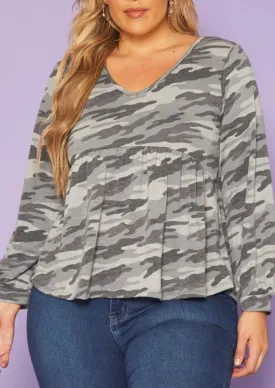 Hi Curvy Plus Size Camo Print Long Sleeve Top