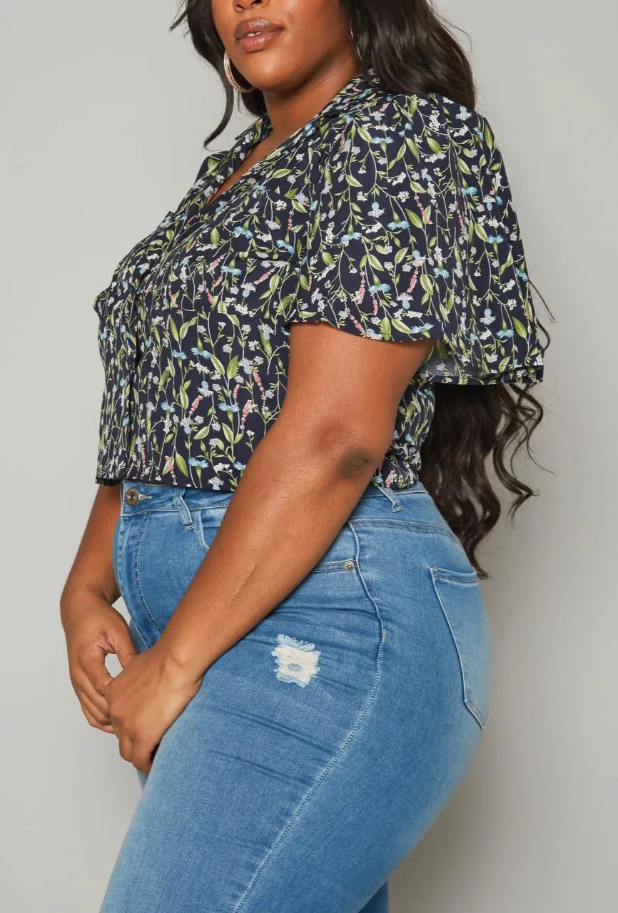 Hi Curvy Plus Size Women Floral Pattern Collar Neck Shirt