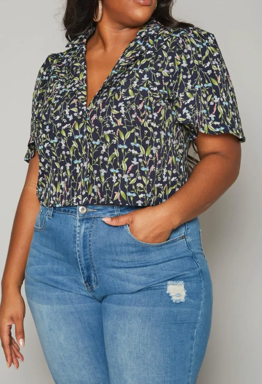 Hi Curvy Plus Size Women Floral Pattern Collar Neck Shirt