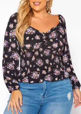 Hi Curvy Plus Size Women Floral Print Smocked V Neck Long Sleeves Shirt
