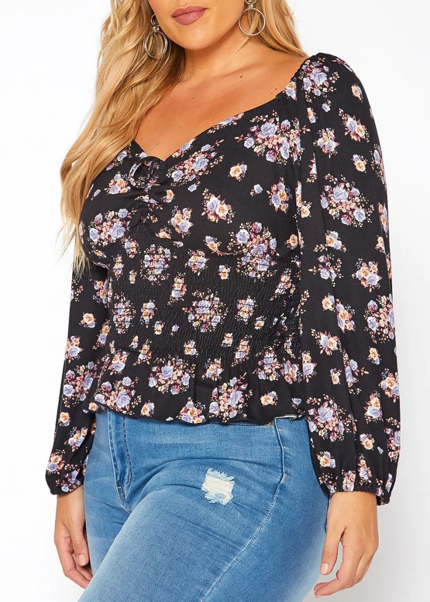 Hi Curvy Plus Size Women Floral Print Smocked V Neck Long Sleeves Shirt