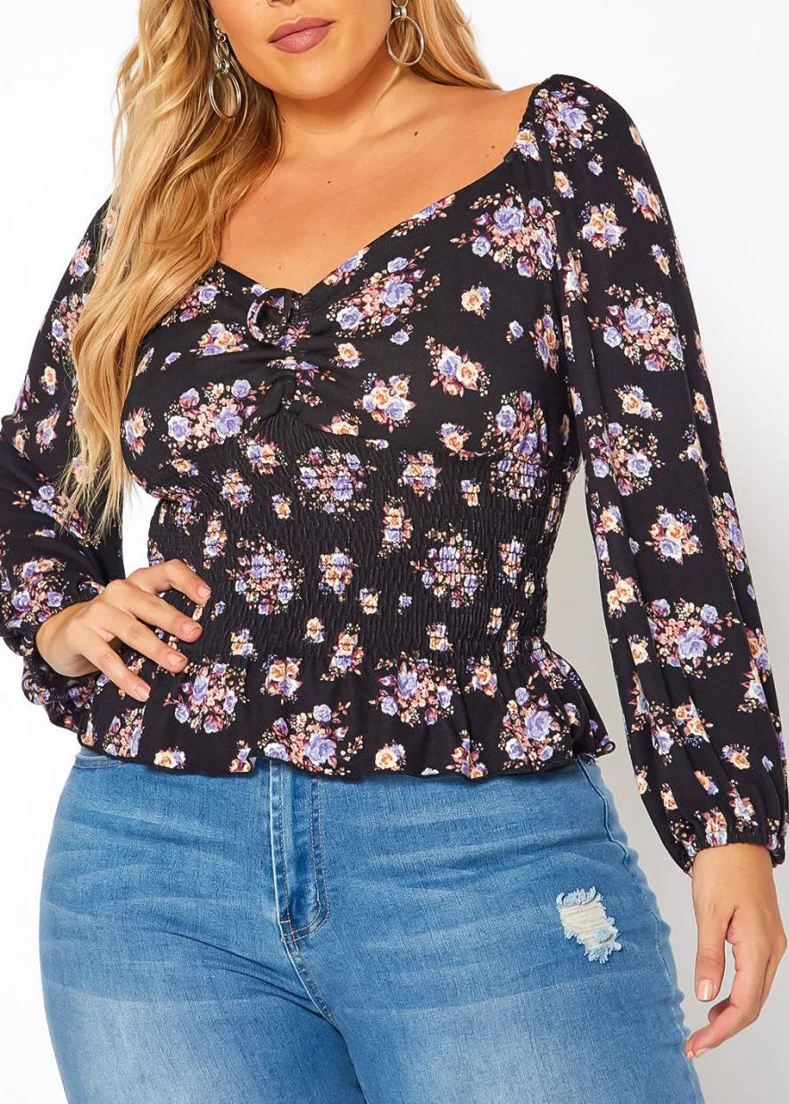 Hi Curvy Plus Size Women Floral Print Smocked V Neck Long Sleeves Shirt