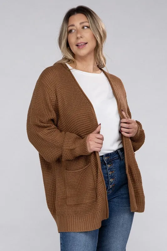 HI Curvy Plus Size Women Low Gauge Waffle Open Cardigan Sweater