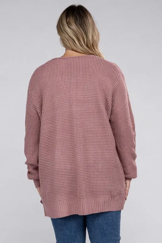 HI Curvy Plus Size Women Low Gauge Waffle Open Cardigan Sweater