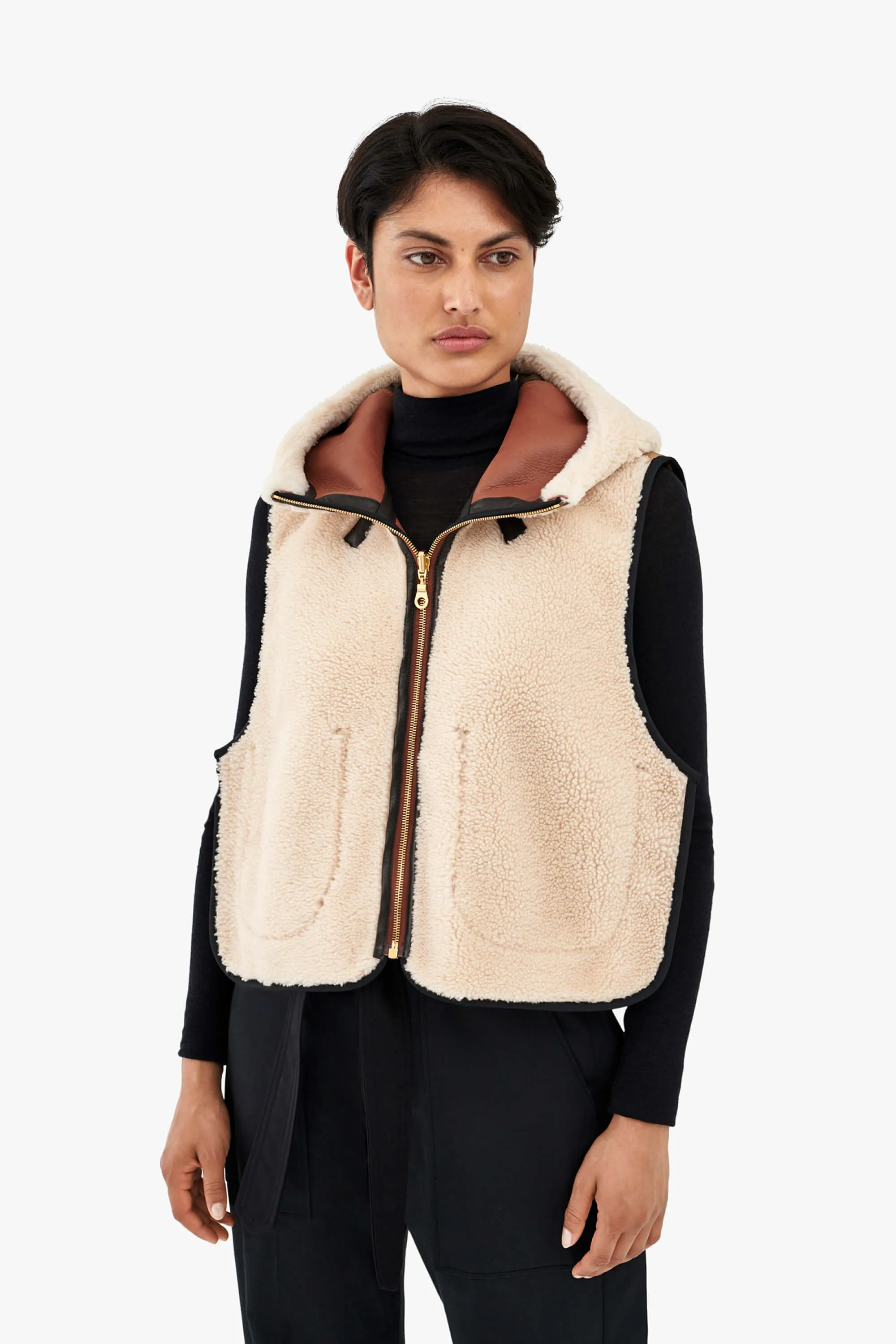 Leather & Shearling Zip Hood - Russett & Bronze / Chalk White & Mocha