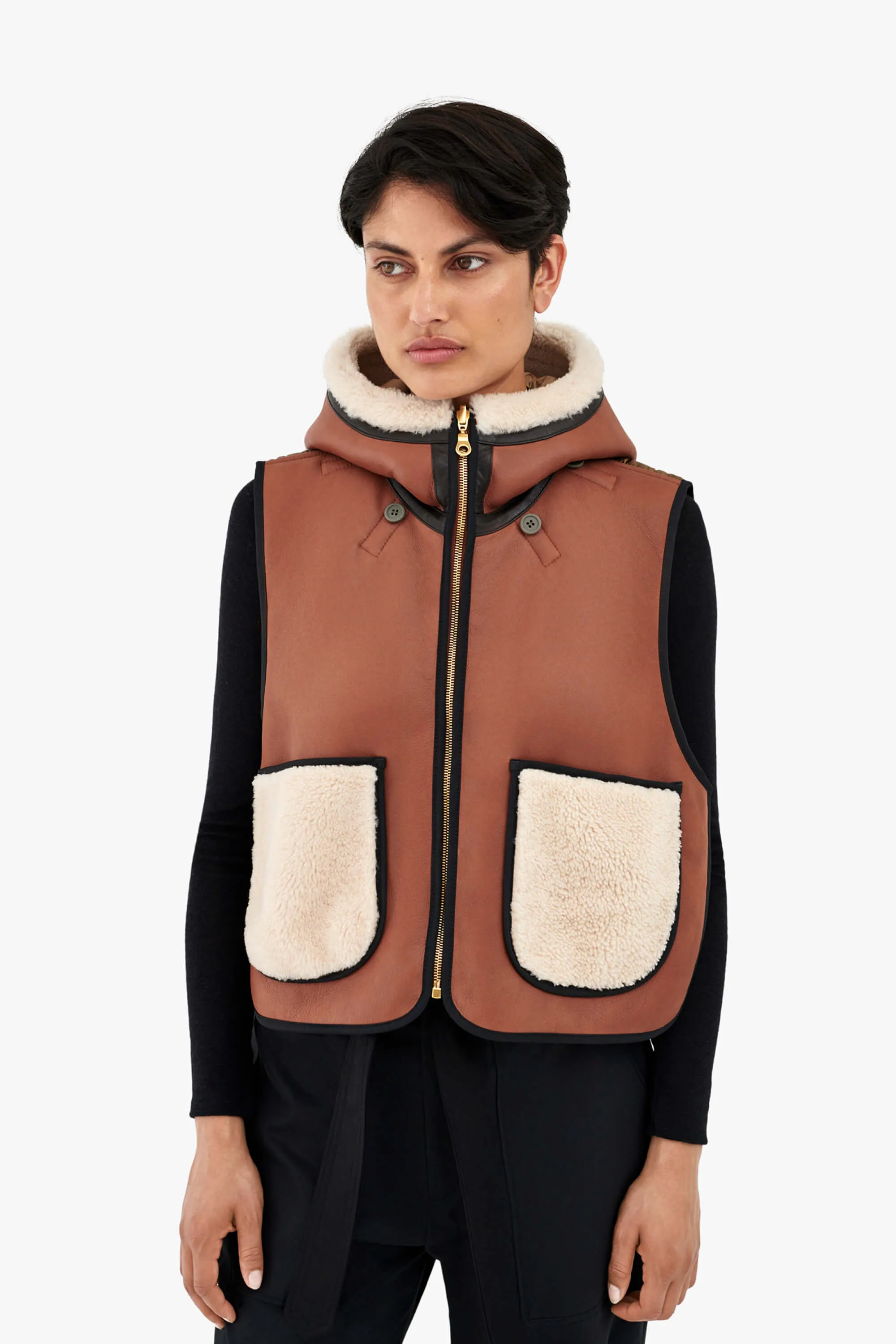 Leather & Shearling Zip Hood - Russett & Bronze / Chalk White & Mocha