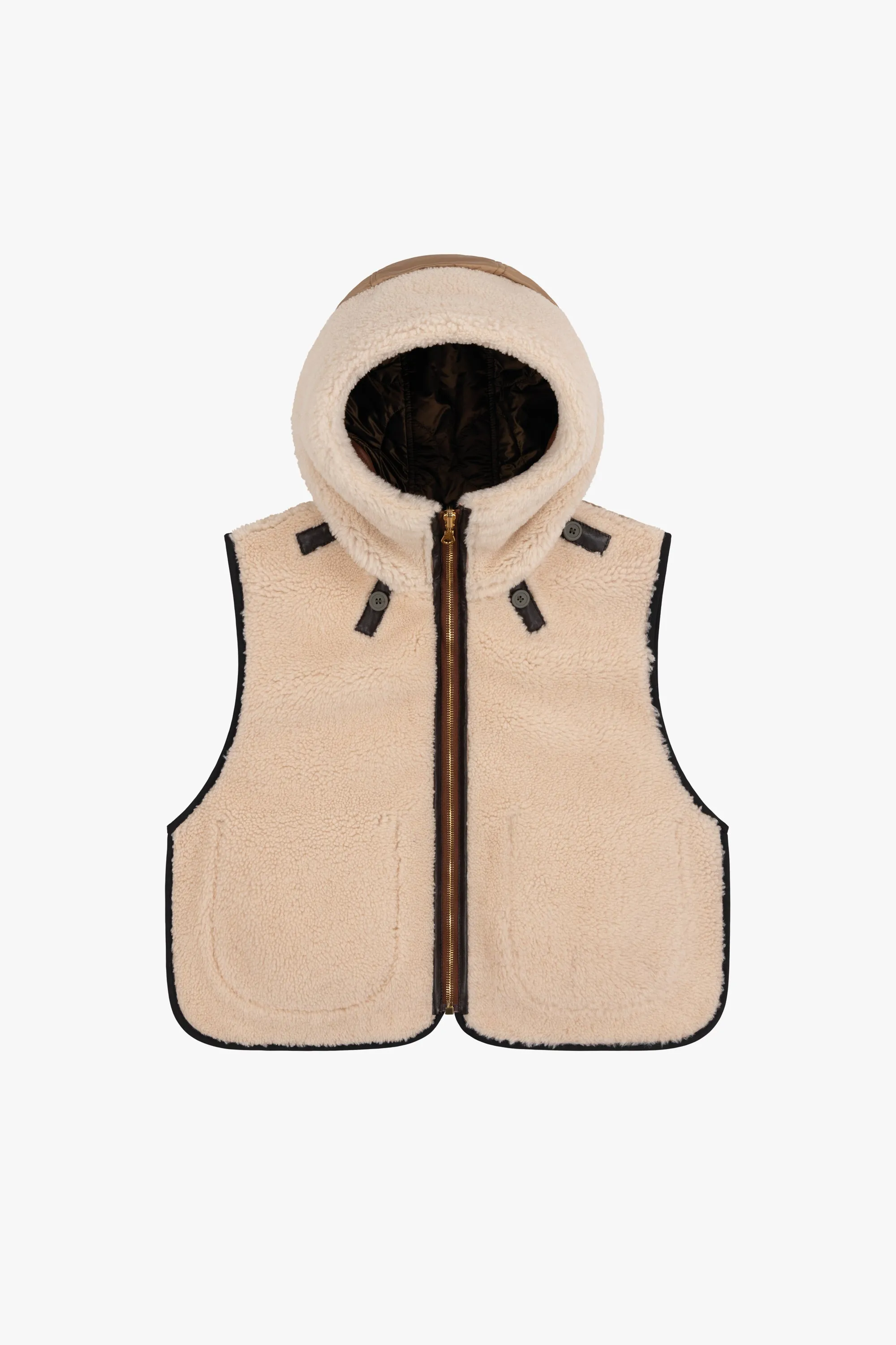 Leather & Shearling Zip Hood - Russett & Bronze / Chalk White & Mocha