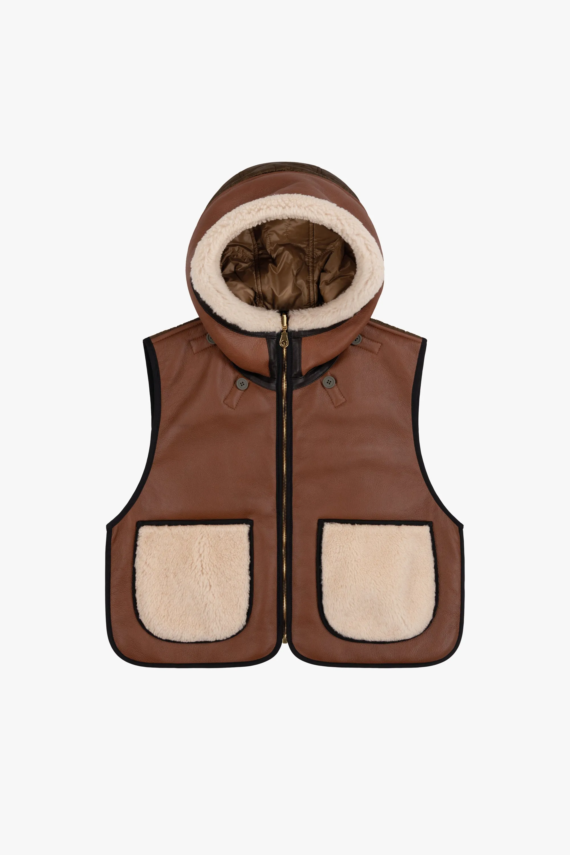 Leather & Shearling Zip Hood - Russett & Bronze / Chalk White & Mocha