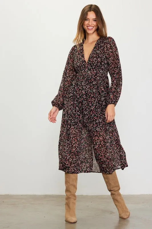 Long Sleeve Floral Print Midi Dress - FINAL SALE
