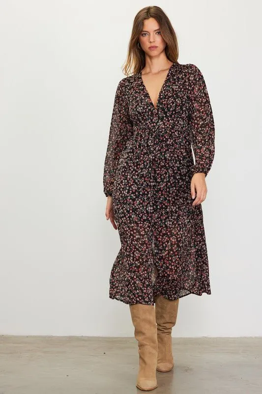 Long Sleeve Floral Print Midi Dress - FINAL SALE