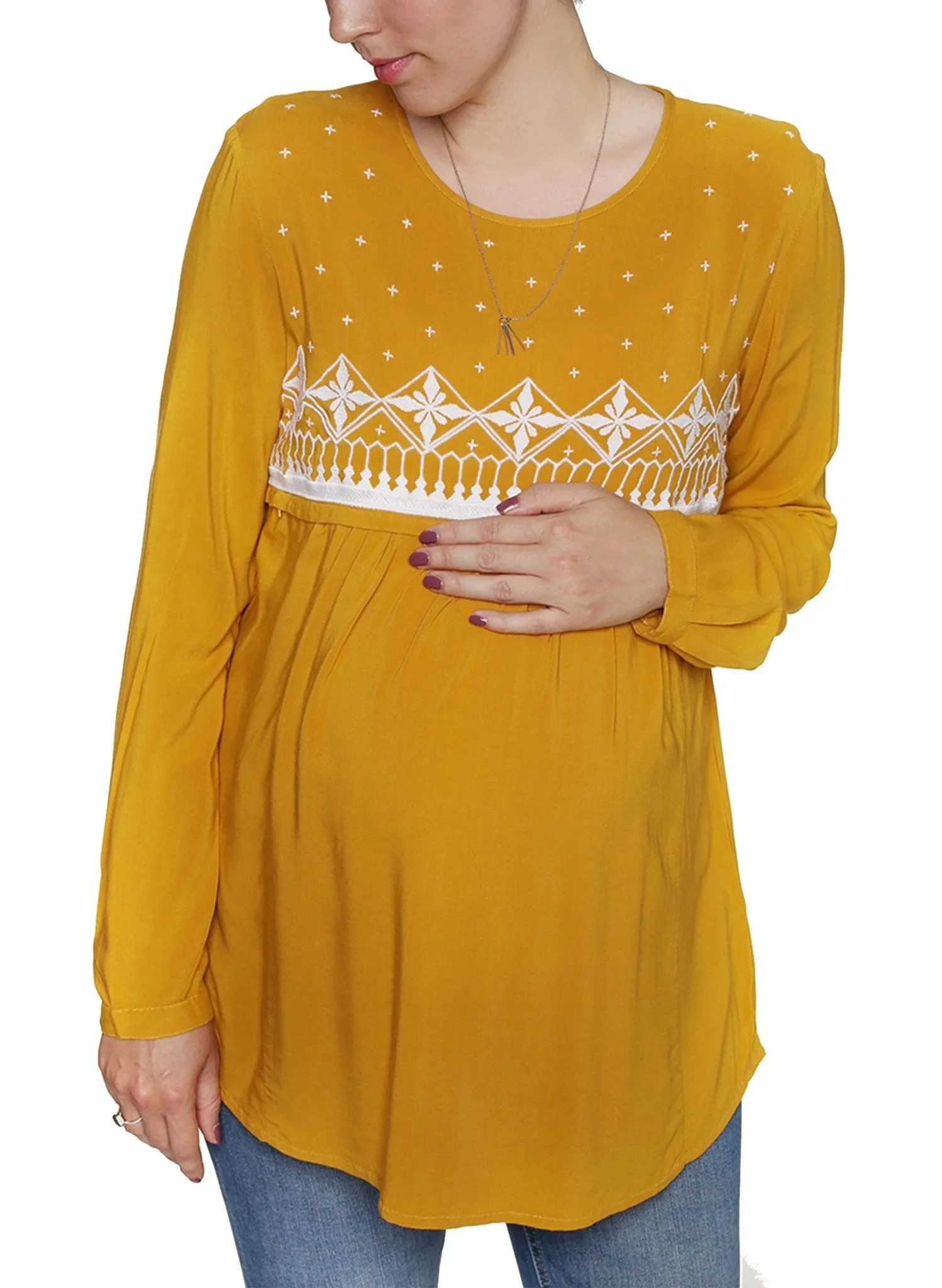 Maternity & Nursing Embroidered Blouse - Mustard