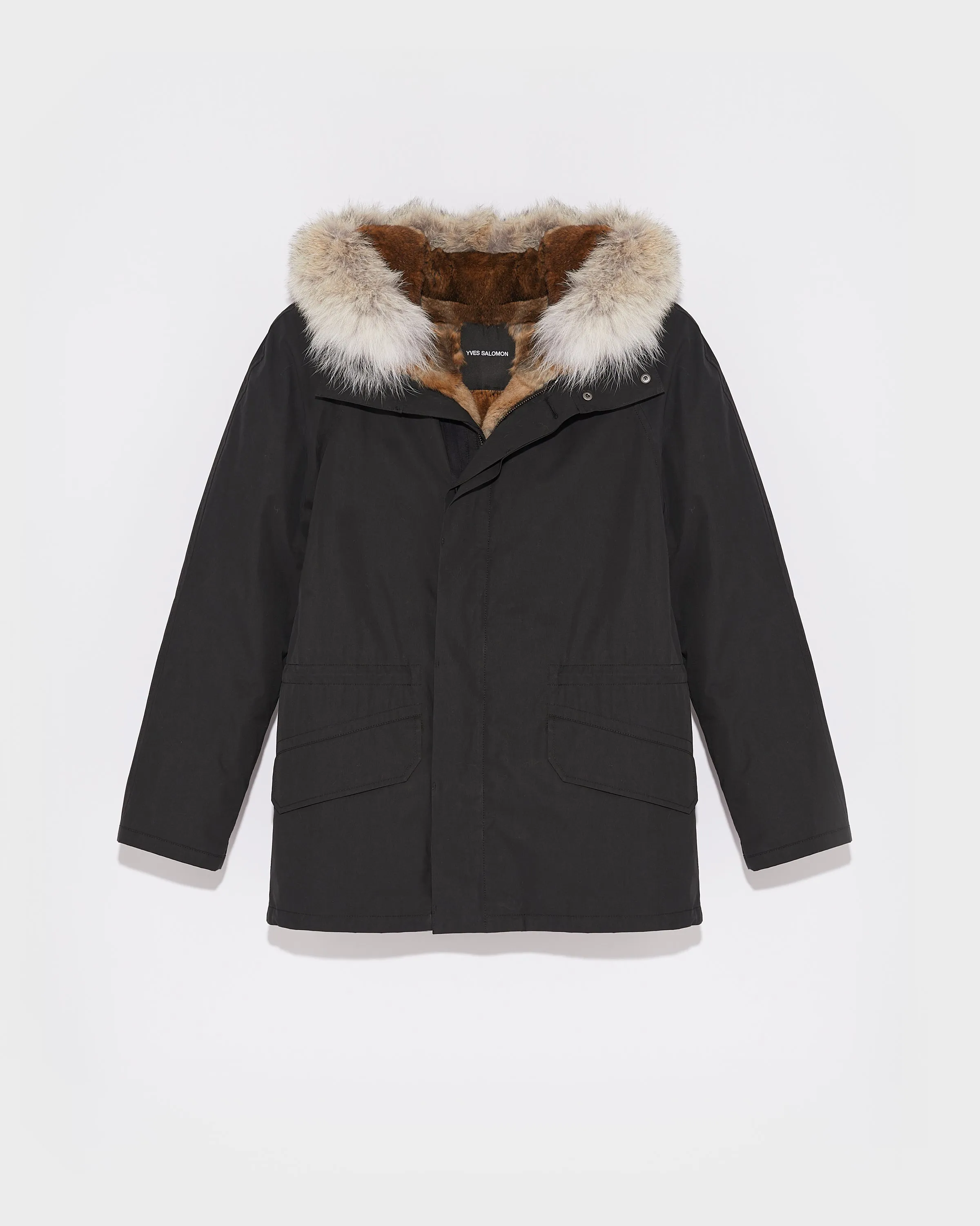 Parka iconique courte en coton technique avec fourrure de coyote et lapin