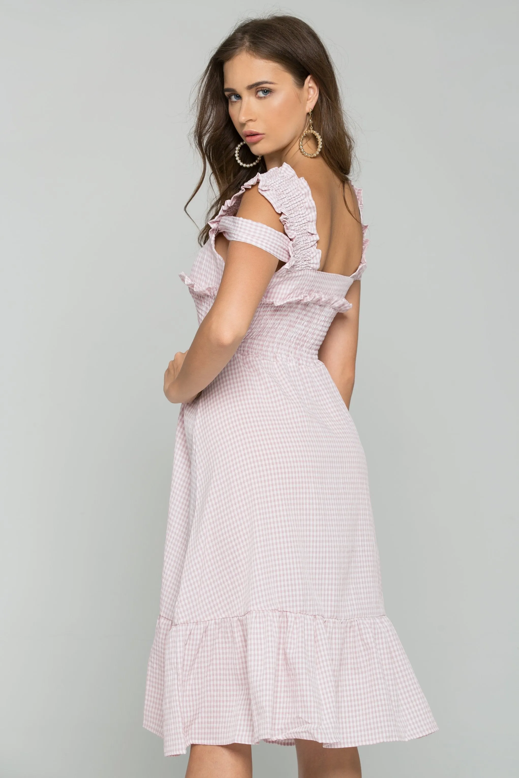 Pink Gingham Cold Shoulder Ruched Pleat Midi Dress