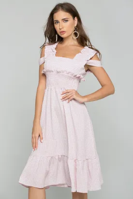 Pink Gingham Cold Shoulder Ruched Pleat Midi Dress