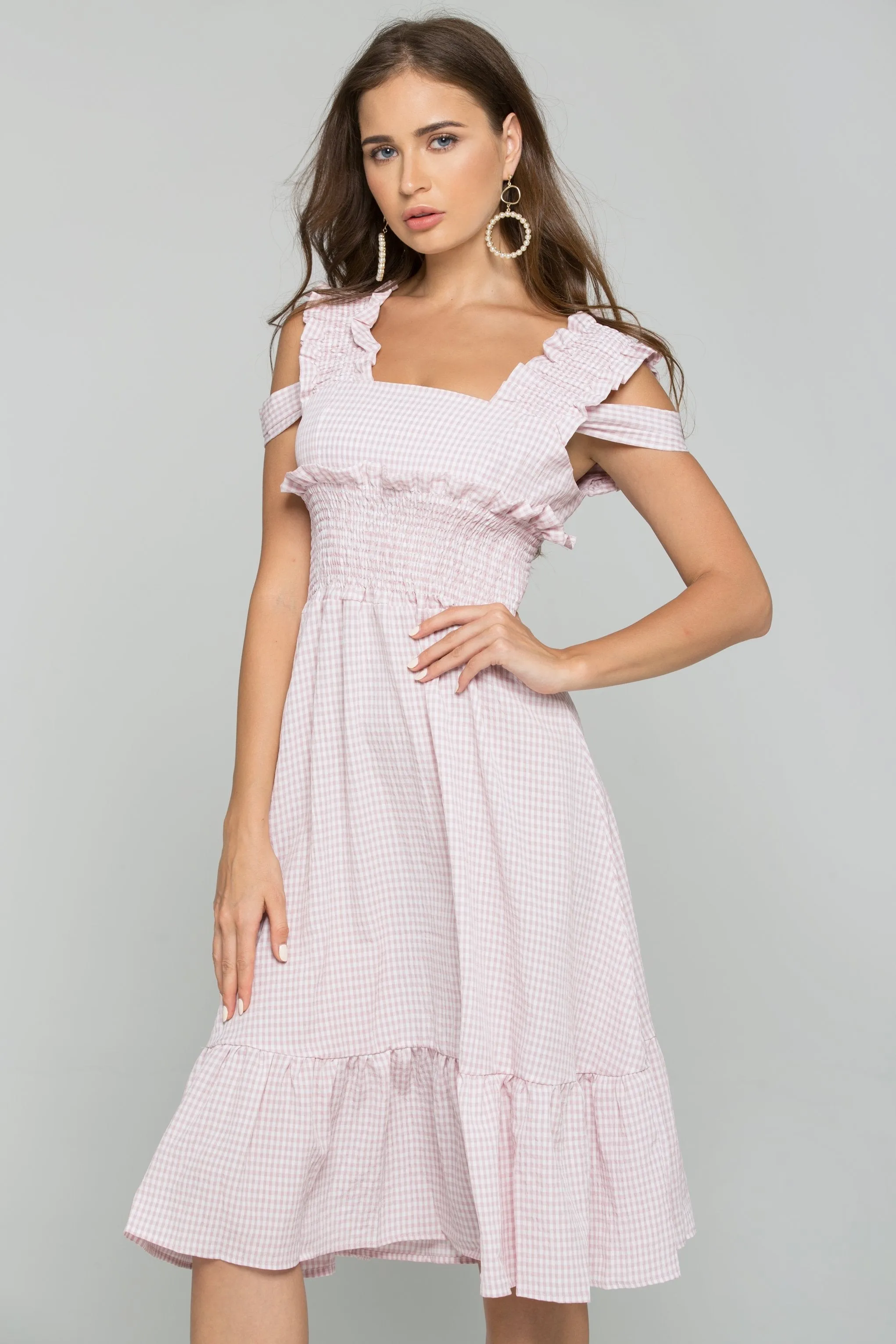 Pink Gingham Cold Shoulder Ruched Pleat Midi Dress