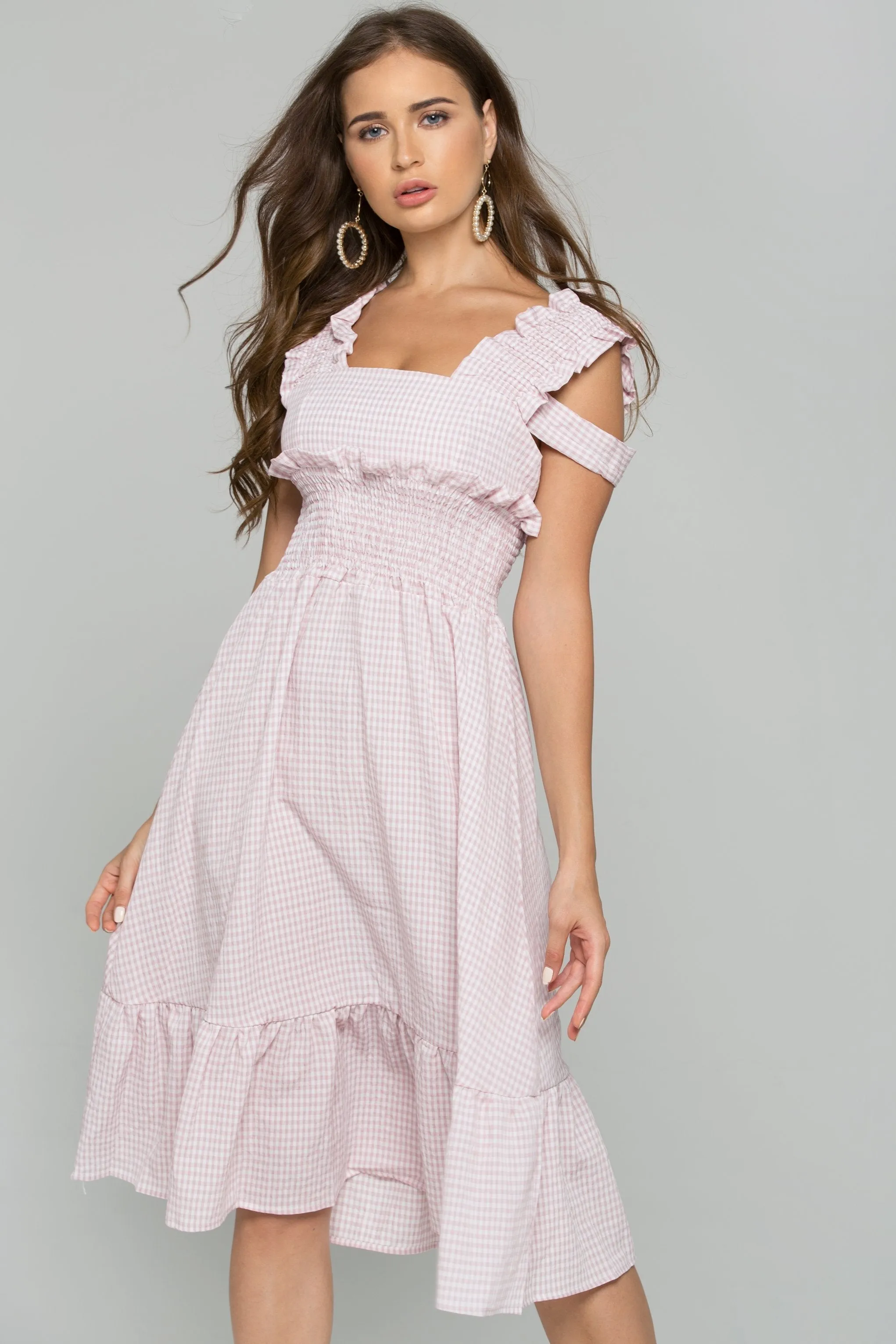 Pink Gingham Cold Shoulder Ruched Pleat Midi Dress