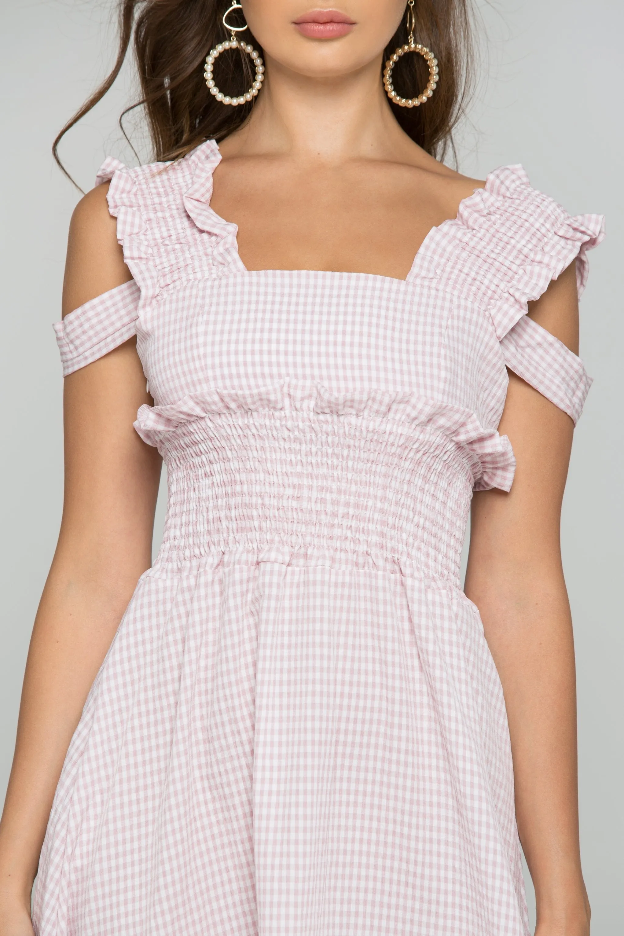 Pink Gingham Cold Shoulder Ruched Pleat Midi Dress