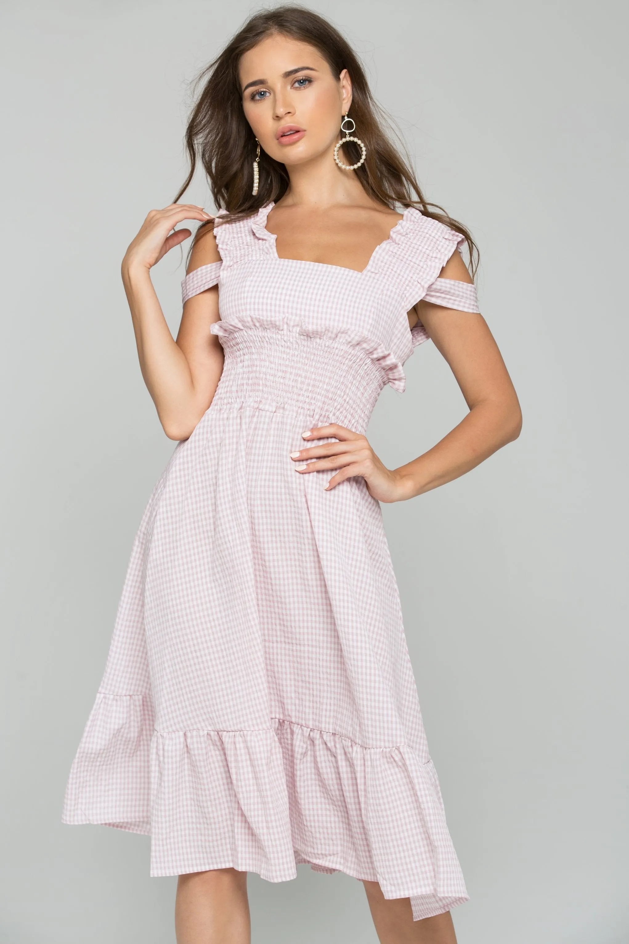 Pink Gingham Cold Shoulder Ruched Pleat Midi Dress
