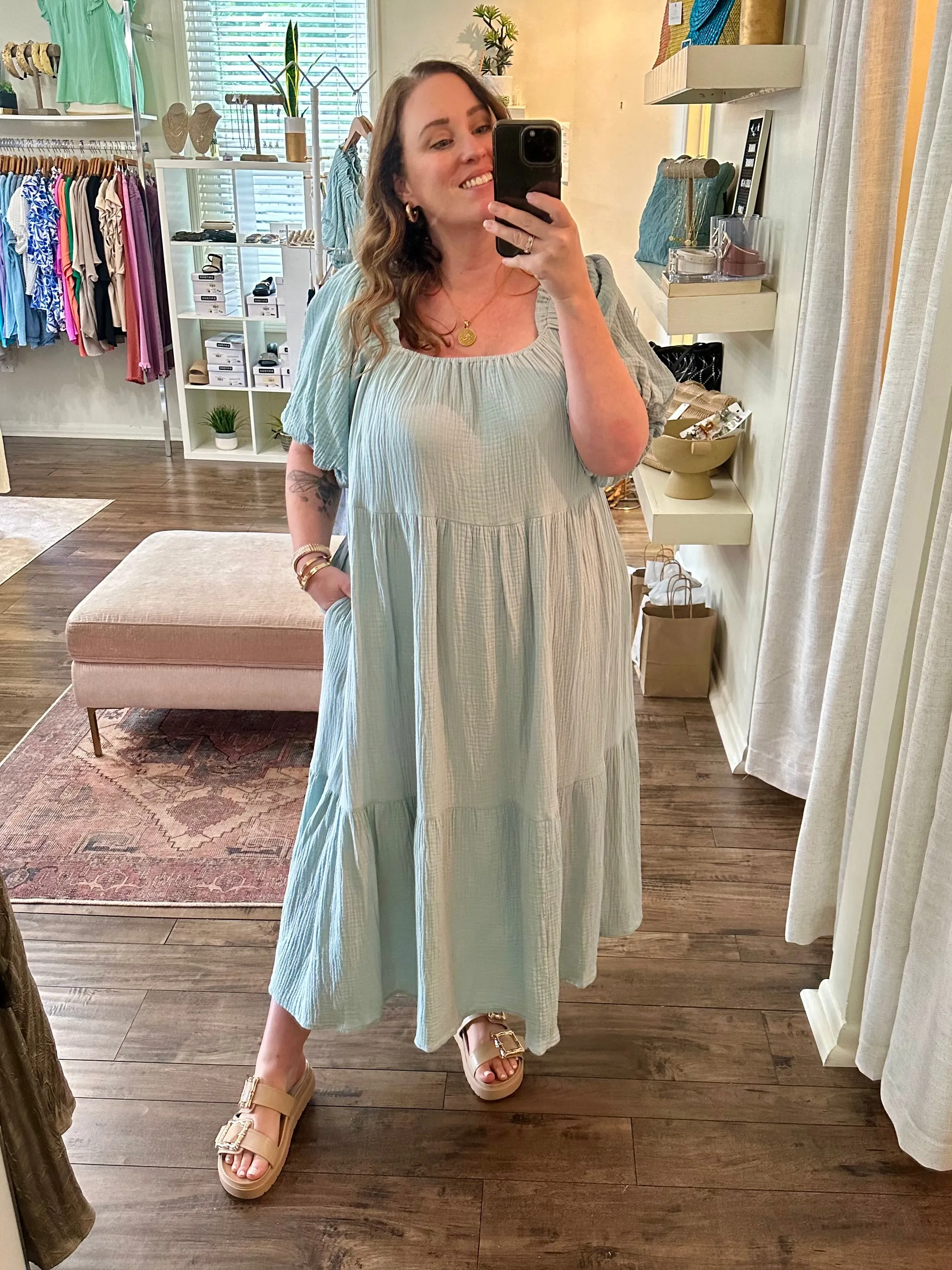 Puff Sleeve Gauze Midi Dress