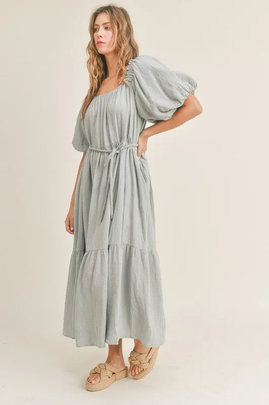 Puff Sleeve Gauze Midi Dress