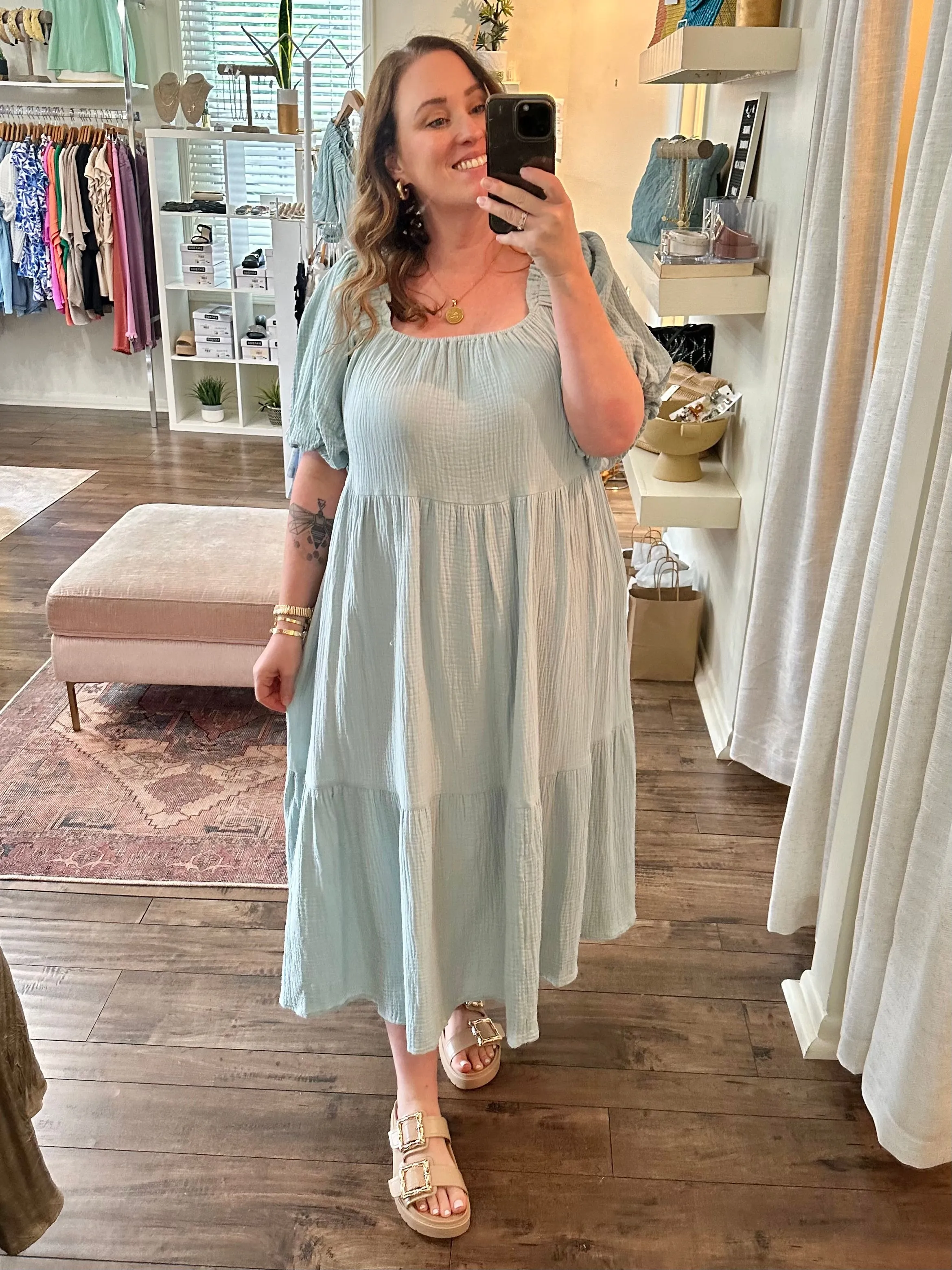 Puff Sleeve Gauze Midi Dress