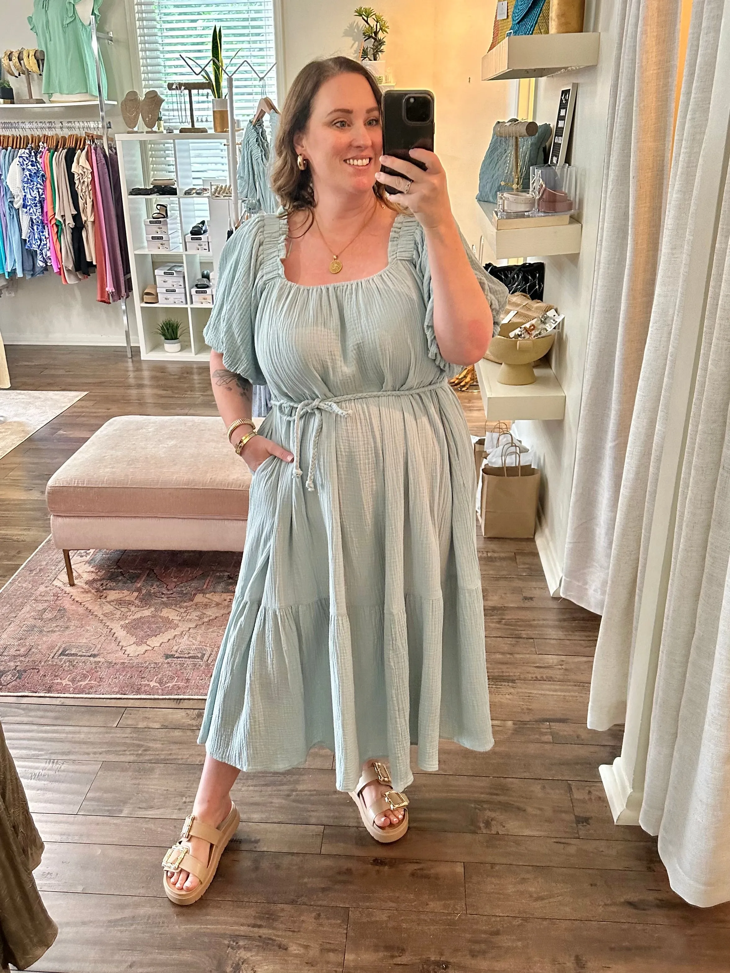 Puff Sleeve Gauze Midi Dress