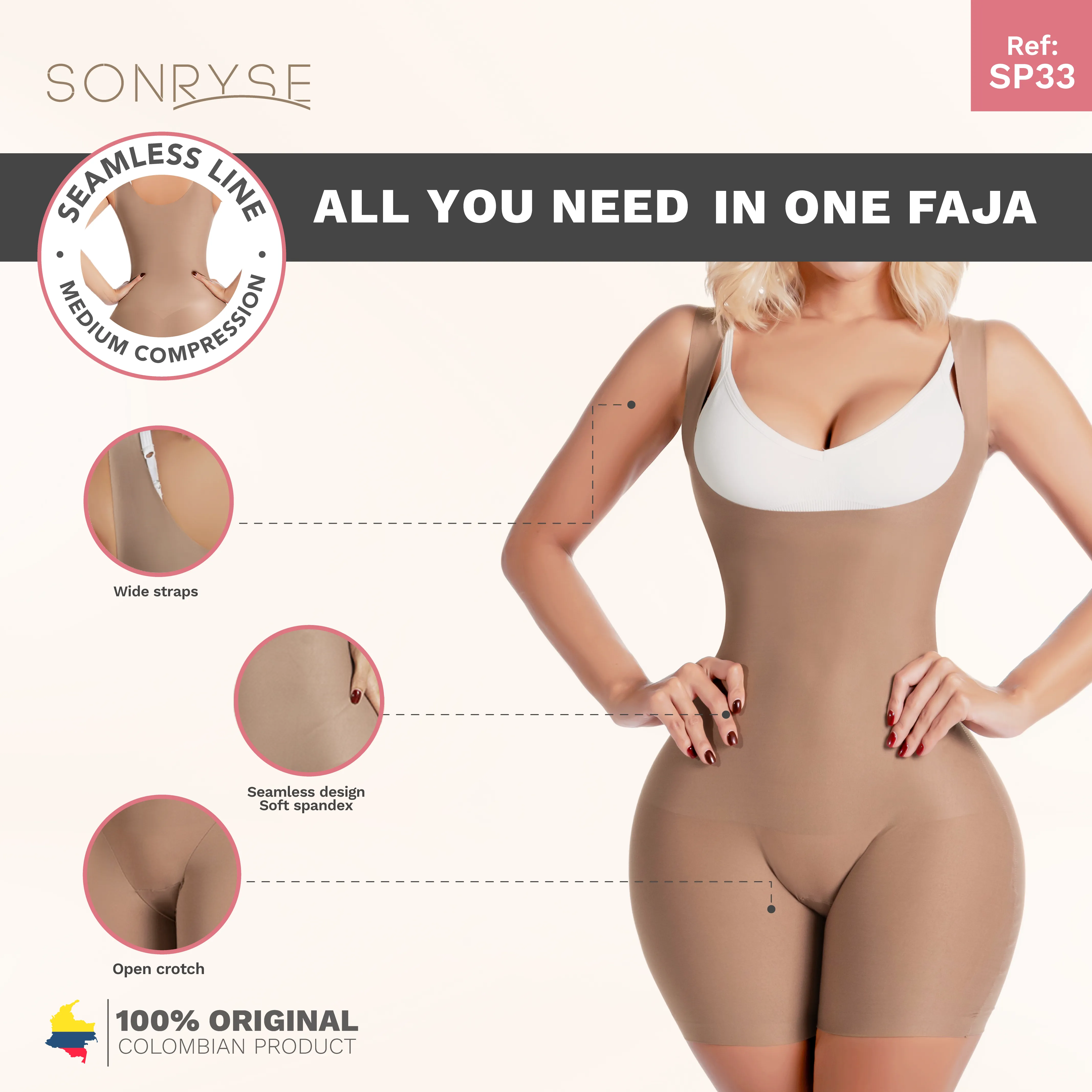 Sonryse SP33NC | Colombian Faja Bodysuit Shaper for Women | Everyday Use & Dress Nightout Girdle | Spandex