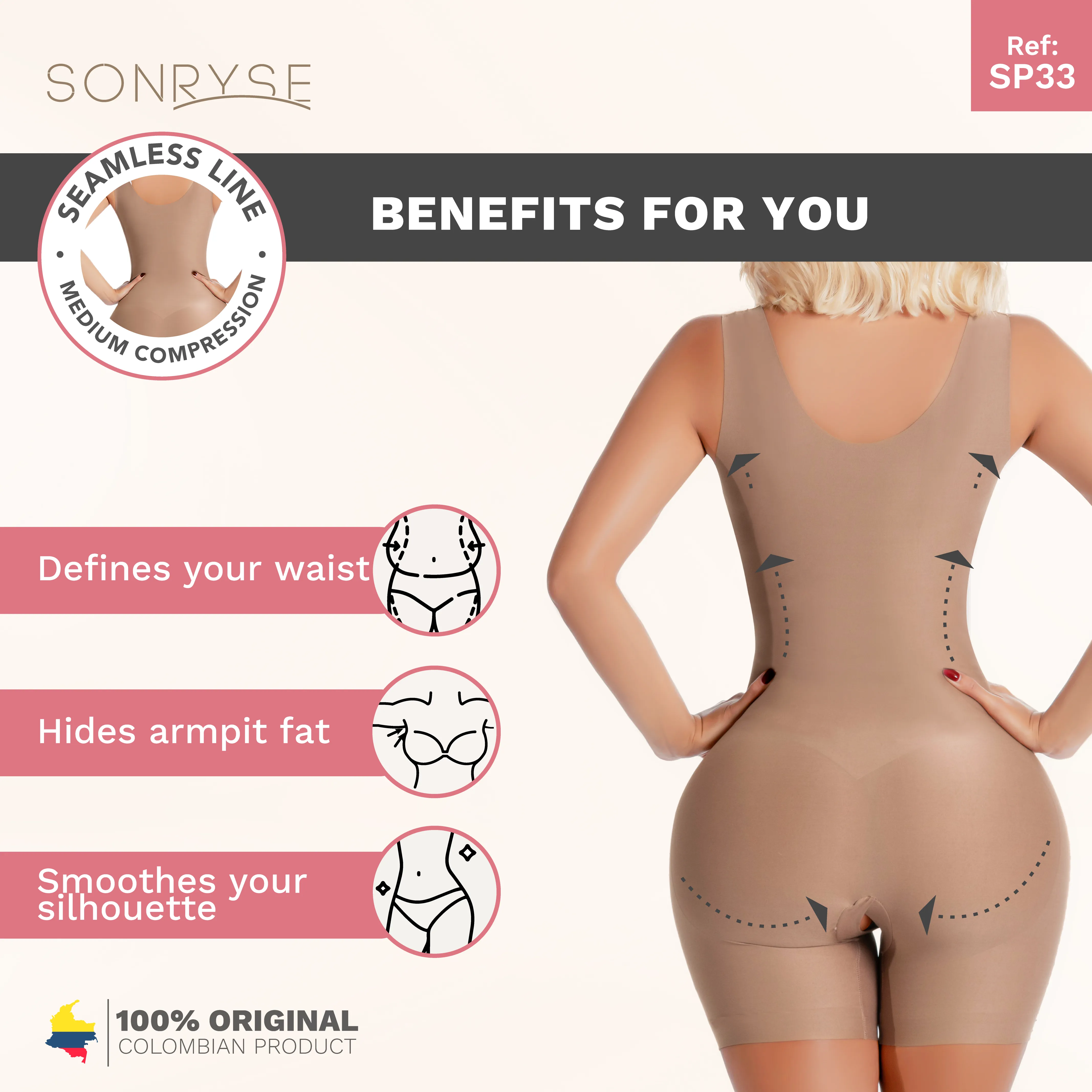 Sonryse SP33NC | Colombian Faja Bodysuit Shaper for Women | Everyday Use & Dress Nightout Girdle | Spandex