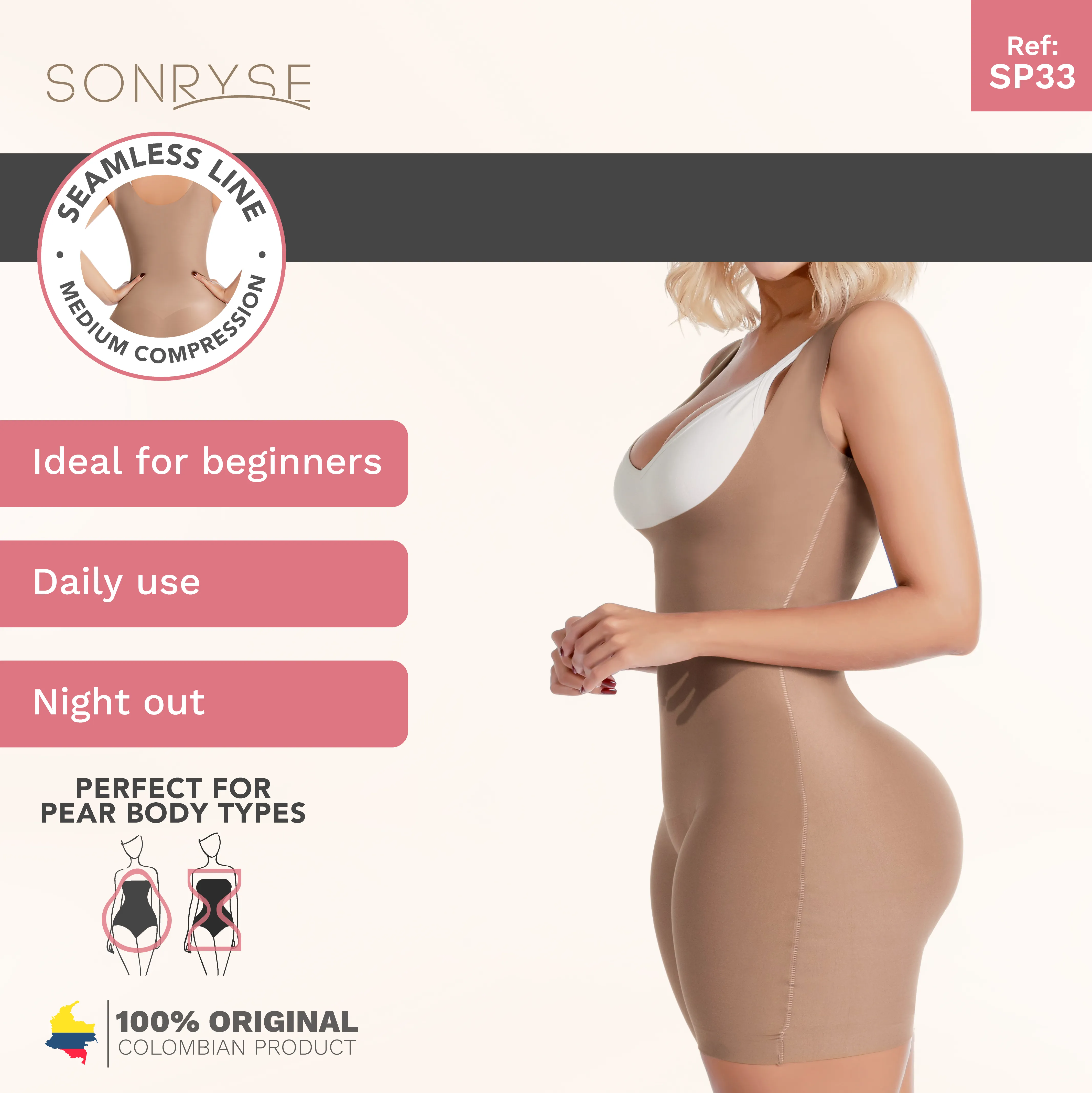 Sonryse SP33NC | Colombian Faja Bodysuit Shaper for Women | Everyday Use & Dress Nightout Girdle | Spandex